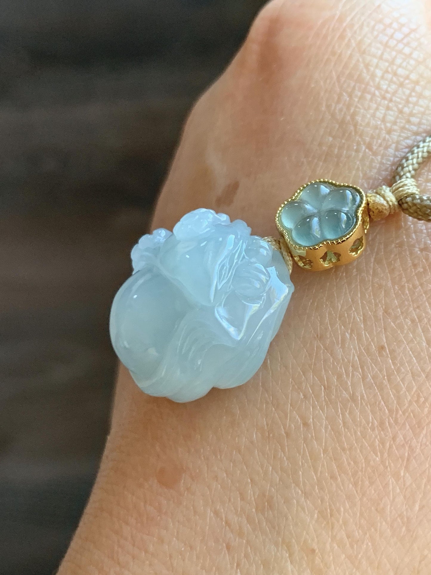 Natural Grade A Icy Translucent Gelatinous Pastel Blue Jade Jadeite Carved Nine-Tailed Fox Pendant Rope Necklace 26” 天然老种冰胶淡蓝翡翠九尾狐梅花吊坠BJLH15