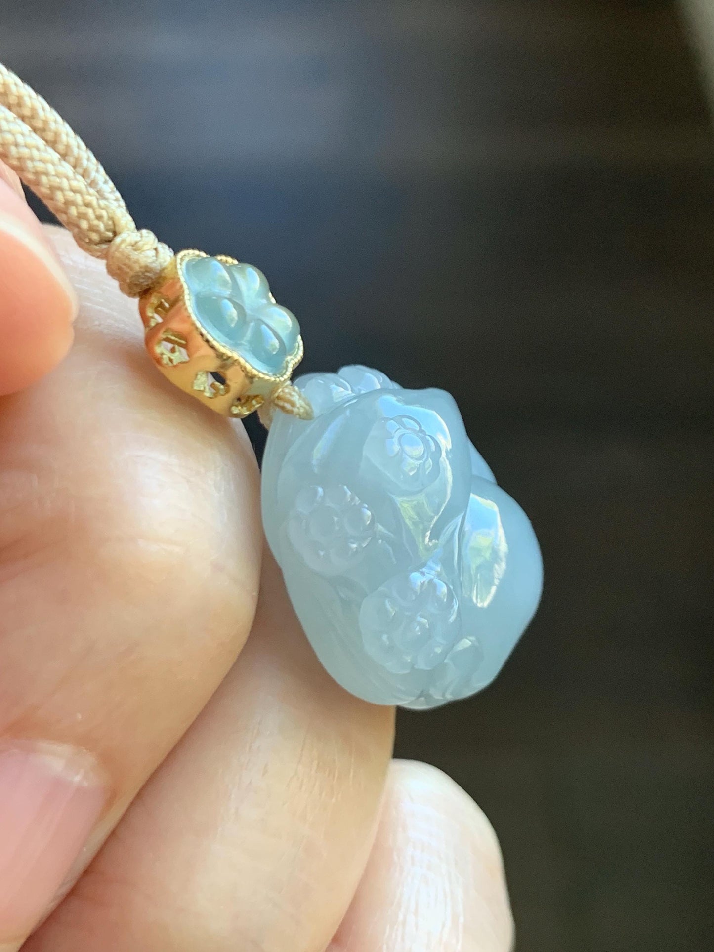 Natural Grade A Icy Translucent Gelatinous Pastel Blue Jade Jadeite Carved Nine-Tailed Fox Pendant Rope Necklace 26” 天然老种冰胶淡蓝翡翠九尾狐梅花吊坠BJLH15