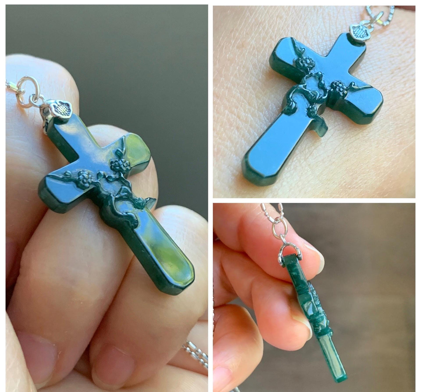 Natural Guatemalan Icy Translucent Deep Teal Green Jade Jadeite Carved Cross Cherry Blossom Pendant Sterling Silver 天然冰危深蓝绿翡翠梅花枝十字架吊坠 MHS106