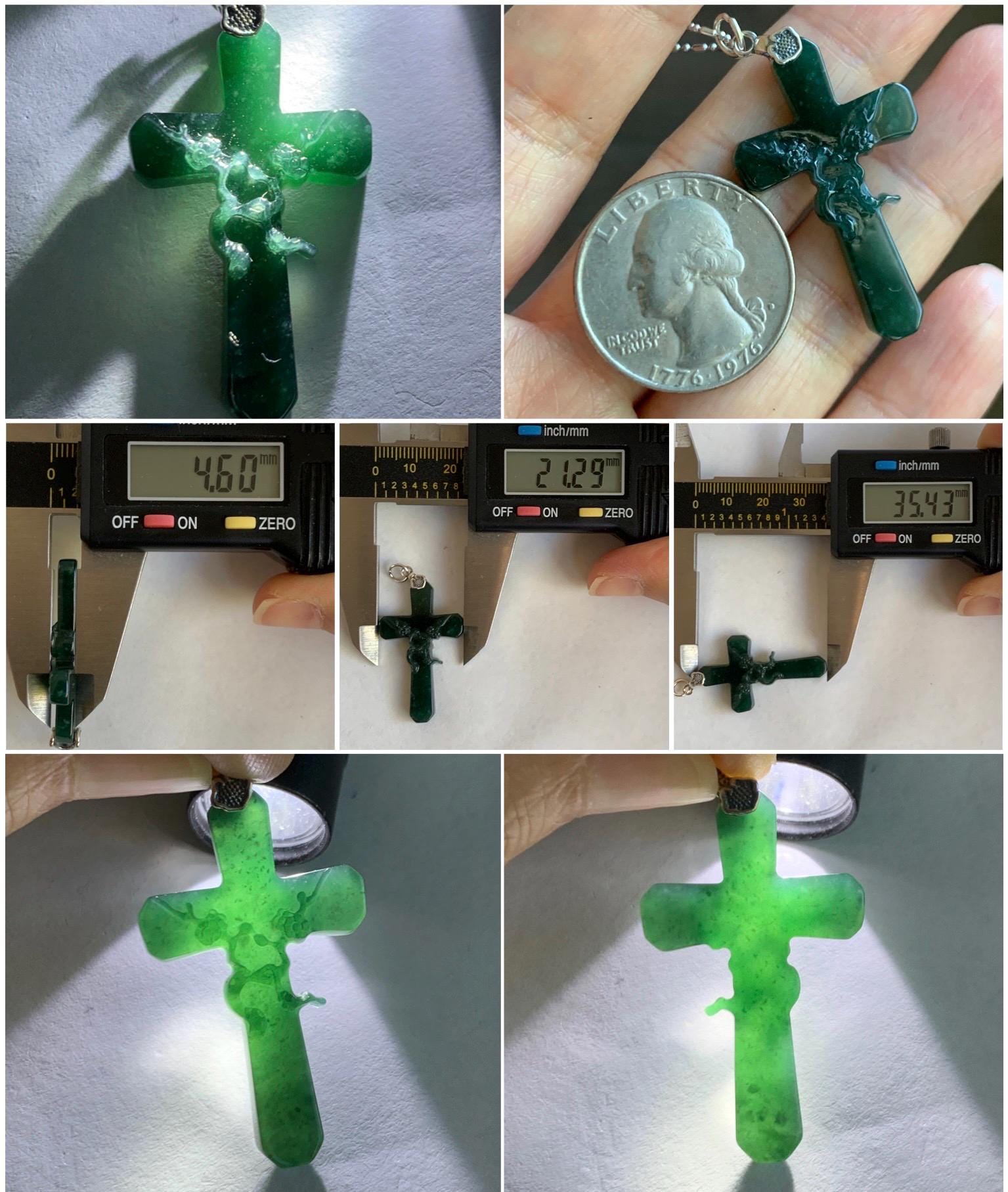 Natural Guatemalan Icy Translucent Deep Teal Green Jade Jadeite Carved Cross Cherry Blossom Pendant Sterling Silver 天然冰危深蓝绿翡翠梅花枝十字架吊坠 MHS106