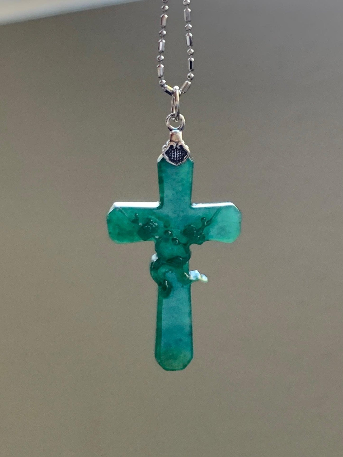 Natural Guatemalan Icy Translucent Deep Teal Green Jade Jadeite Carved Cross Cherry Blossom Pendant Sterling Silver 天然冰危深蓝绿翡翠梅花枝十字架吊坠 MHS106