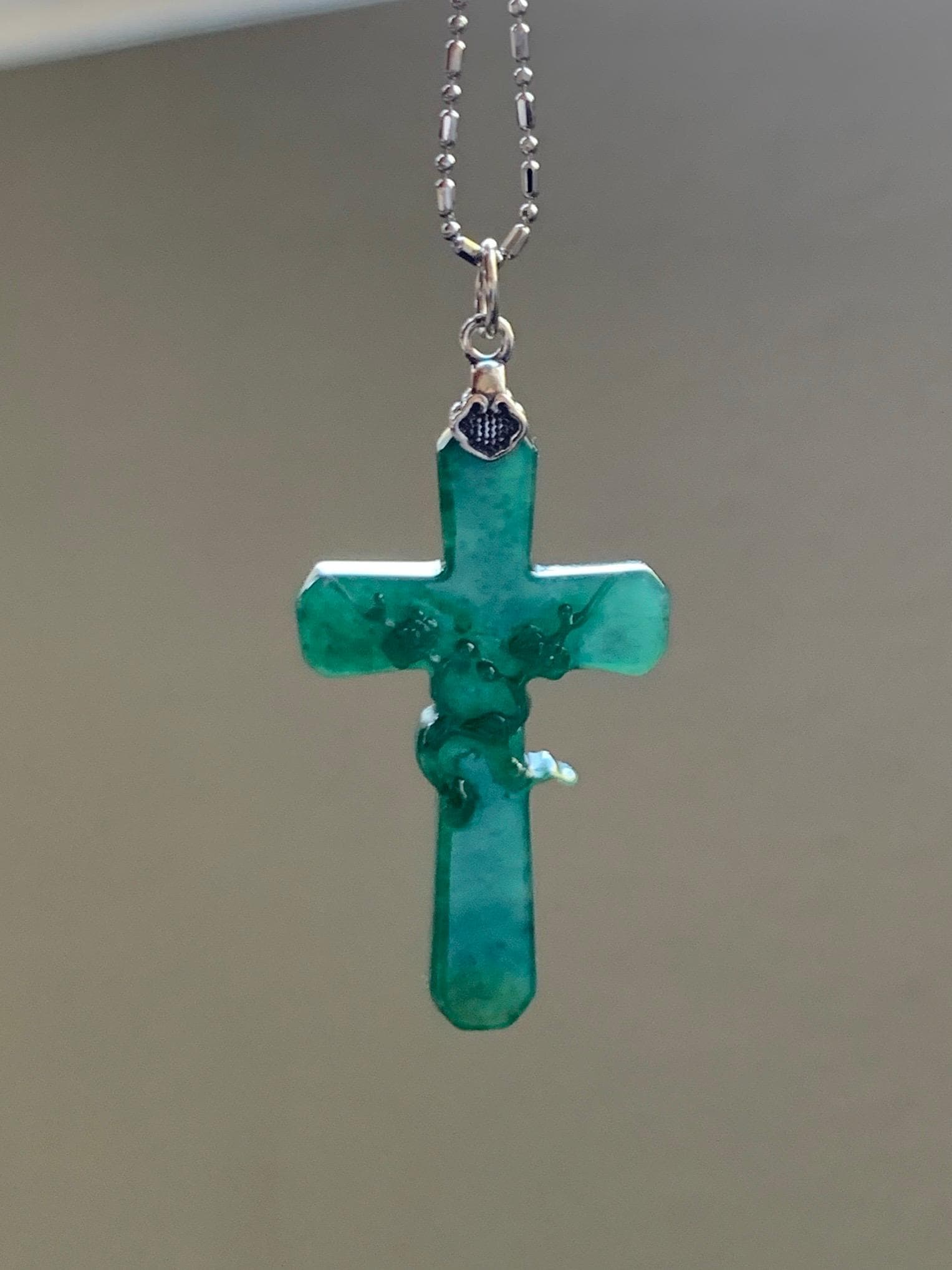 Natural Guatemalan Icy Translucent Deep Teal Green Jade Jadeite Carved Cross Cherry Blossom Pendant Sterling Silver 天然冰危深蓝绿翡翠梅花枝十字架吊坠 MHS106