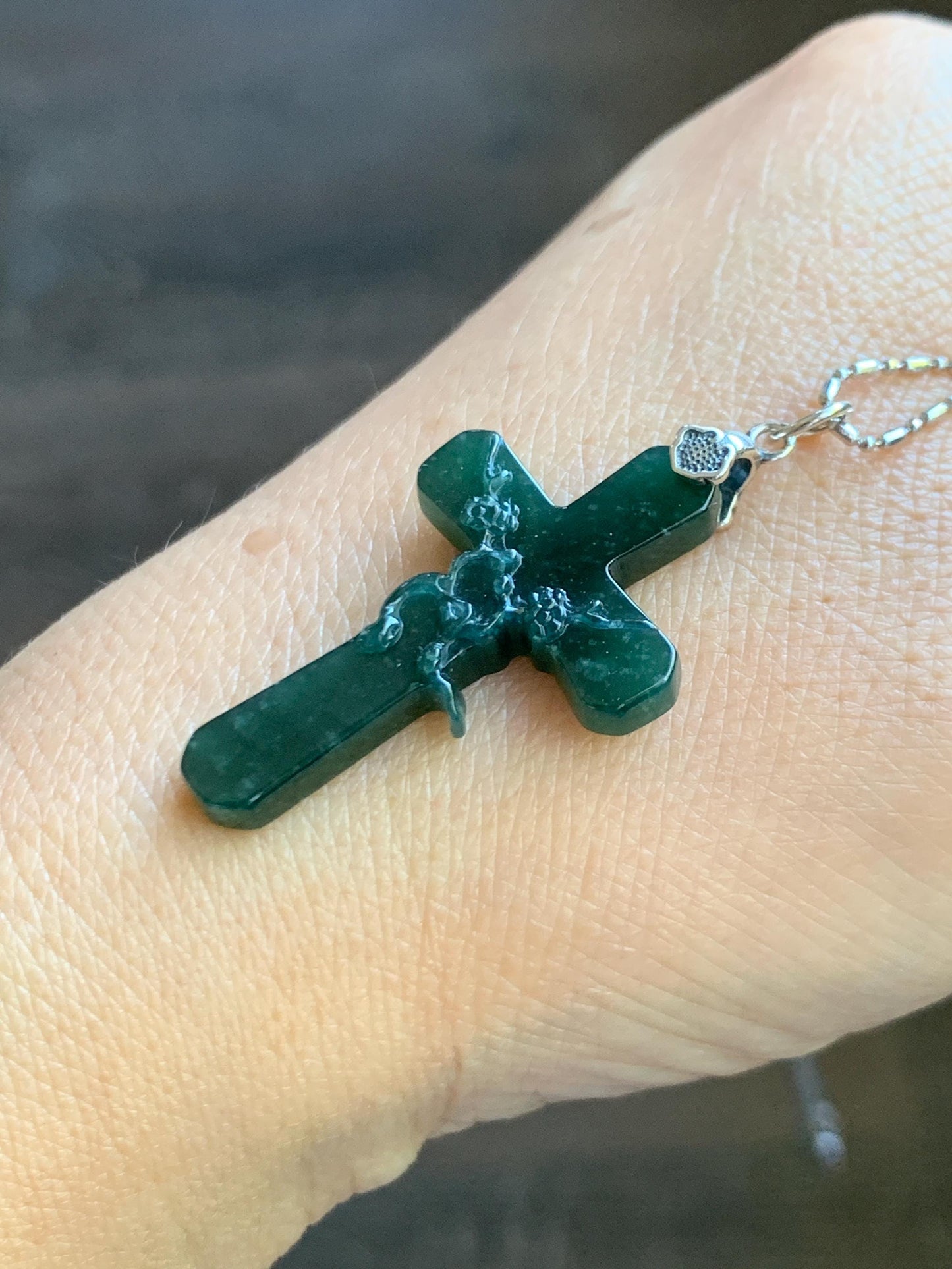 Natural Guatemalan Icy Translucent Deep Teal Green Jade Jadeite Carved Cross Cherry Blossom Pendant Sterling Silver 天然冰危深蓝绿翡翠梅花枝十字架吊坠 MHS106