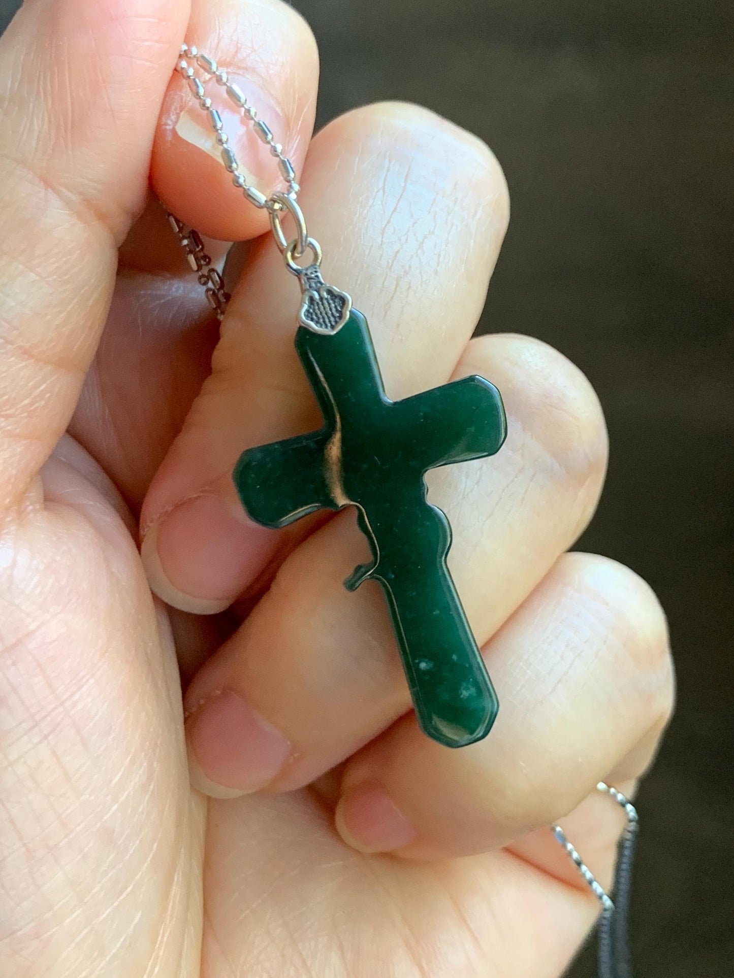 Natural Guatemalan Icy Translucent Deep Teal Green Jade Jadeite Carved Cross Cherry Blossom Pendant Sterling Silver 天然冰危深蓝绿翡翠梅花枝十字架吊坠 MHS106