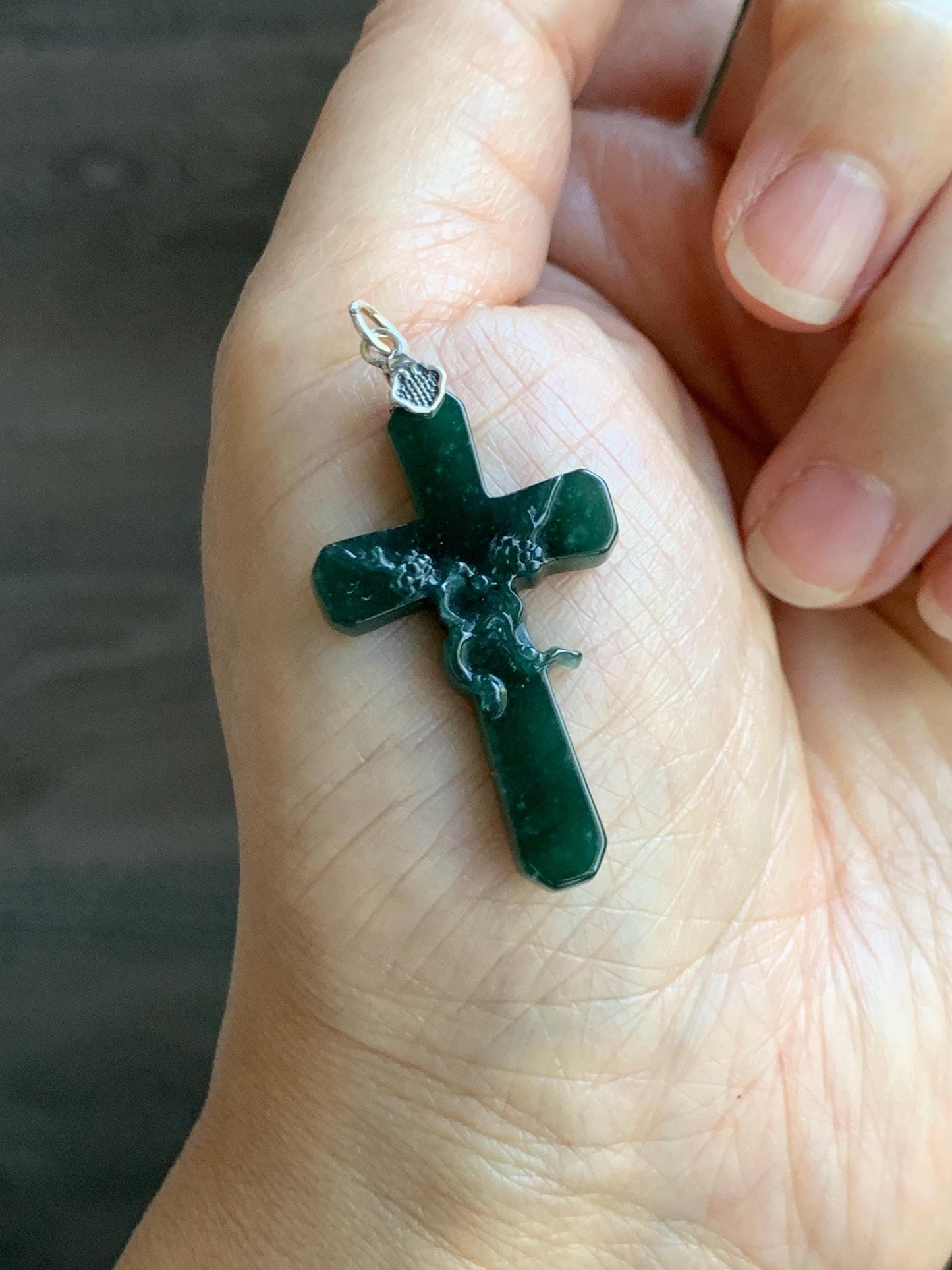 Natural Guatemalan Icy Translucent Deep Teal Green Jade Jadeite Carved Cross Cherry Blossom Pendant Sterling Silver 天然冰危深蓝绿翡翠梅花枝十字架吊坠 MHS106