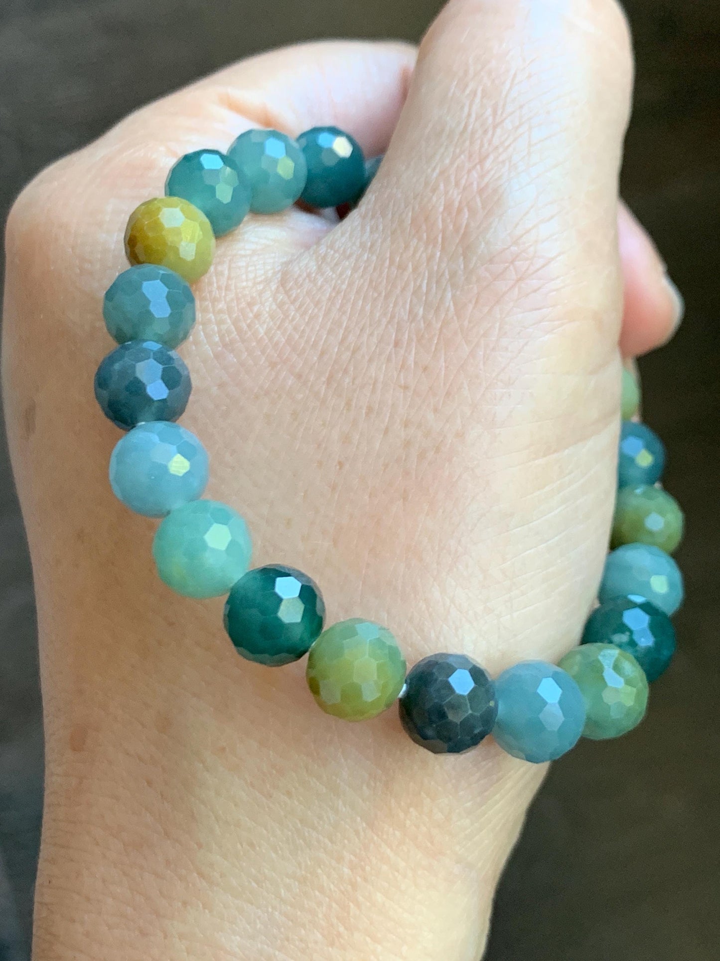 Natural Guatemalan Grade A Icy Translucent Multicolored Faceted Jade Jadeite Beaded Bracelet Stretchy 8.5mm 6.5" 21g 天然冰危多宝翡翠切割面圆珠手串 DBWQ14