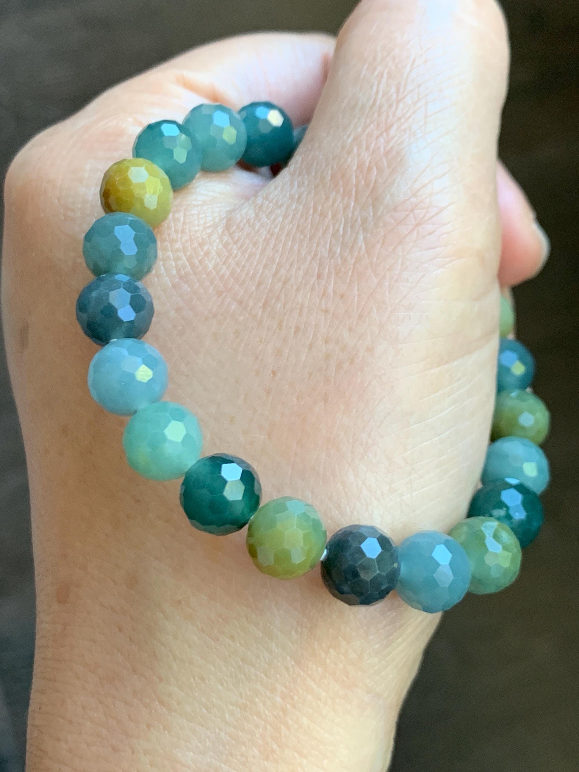 Natural Guatemalan Grade A Icy Translucent Multicolored Faceted Jade Jadeite Beaded Bracelet Stretchy 8.5mm 6.5" 21g 天然冰危多宝翡翠切割面圆珠手串 DBWQ14