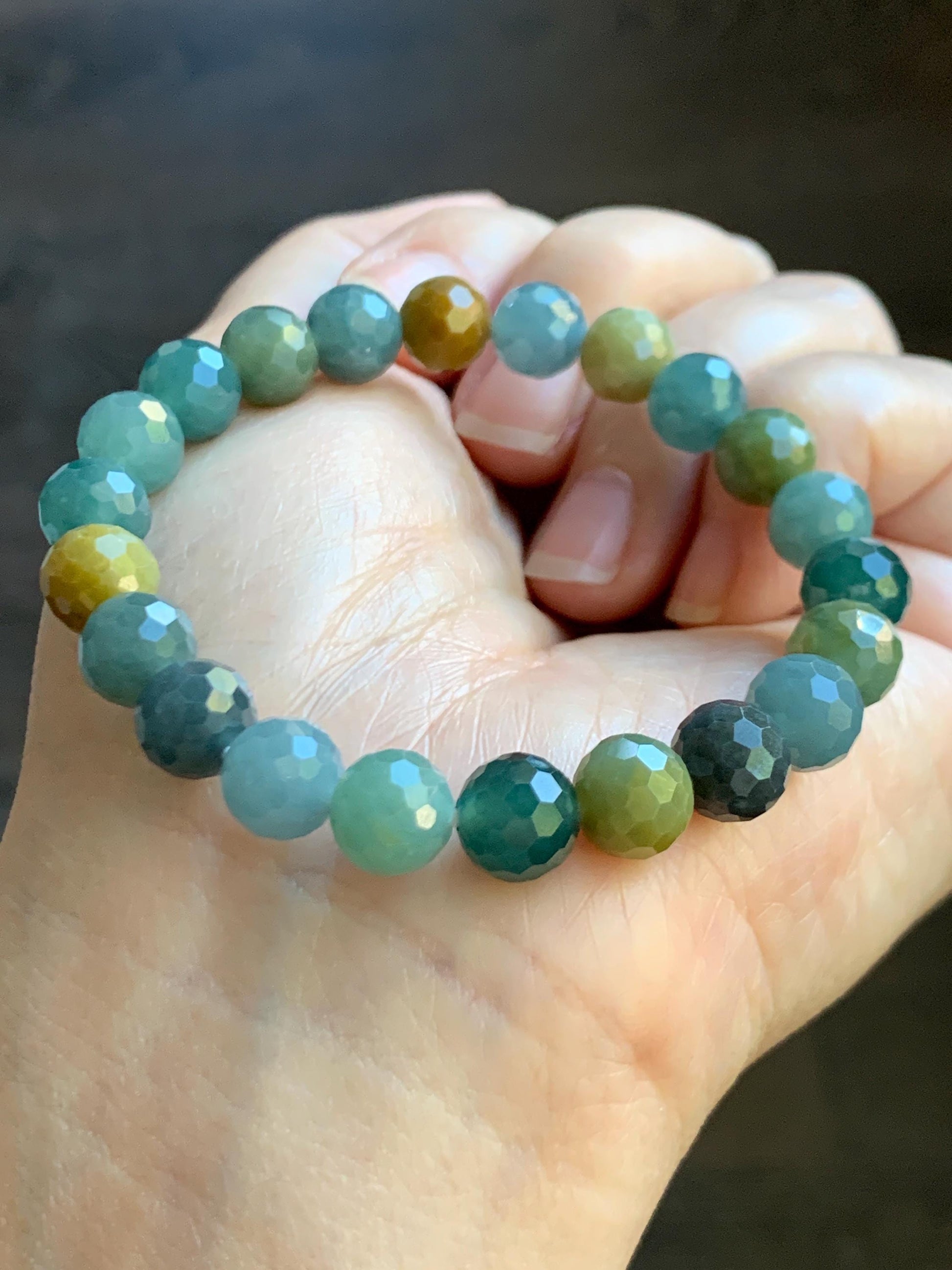 Natural Guatemalan Grade A Icy Translucent Multicolored Faceted Jade Jadeite Beaded Bracelet Stretchy 8.5mm 6.5" 21g 天然冰危多宝翡翠切割面圆珠手串 DBWQ14