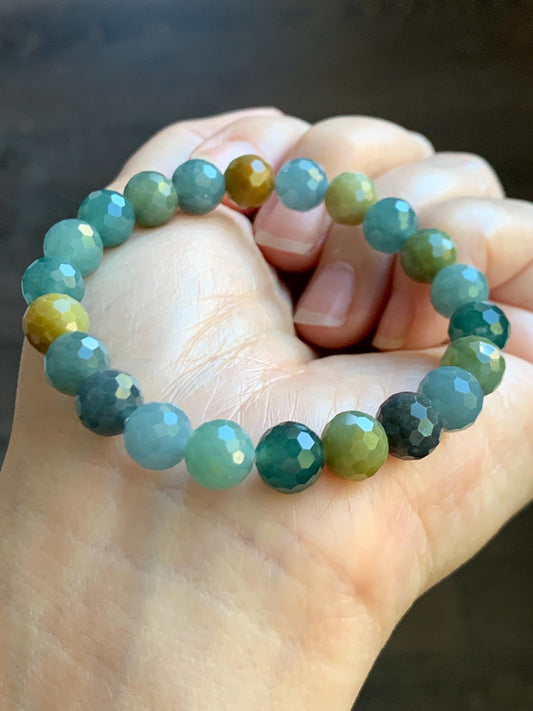 Natural Guatemalan Grade A Icy Translucent Multicolored Faceted Jade Jadeite Beaded Bracelet Stretchy 8.5mm 6.5" 21g 天然冰危多宝翡翠切割面圆珠手串 DBWQ14