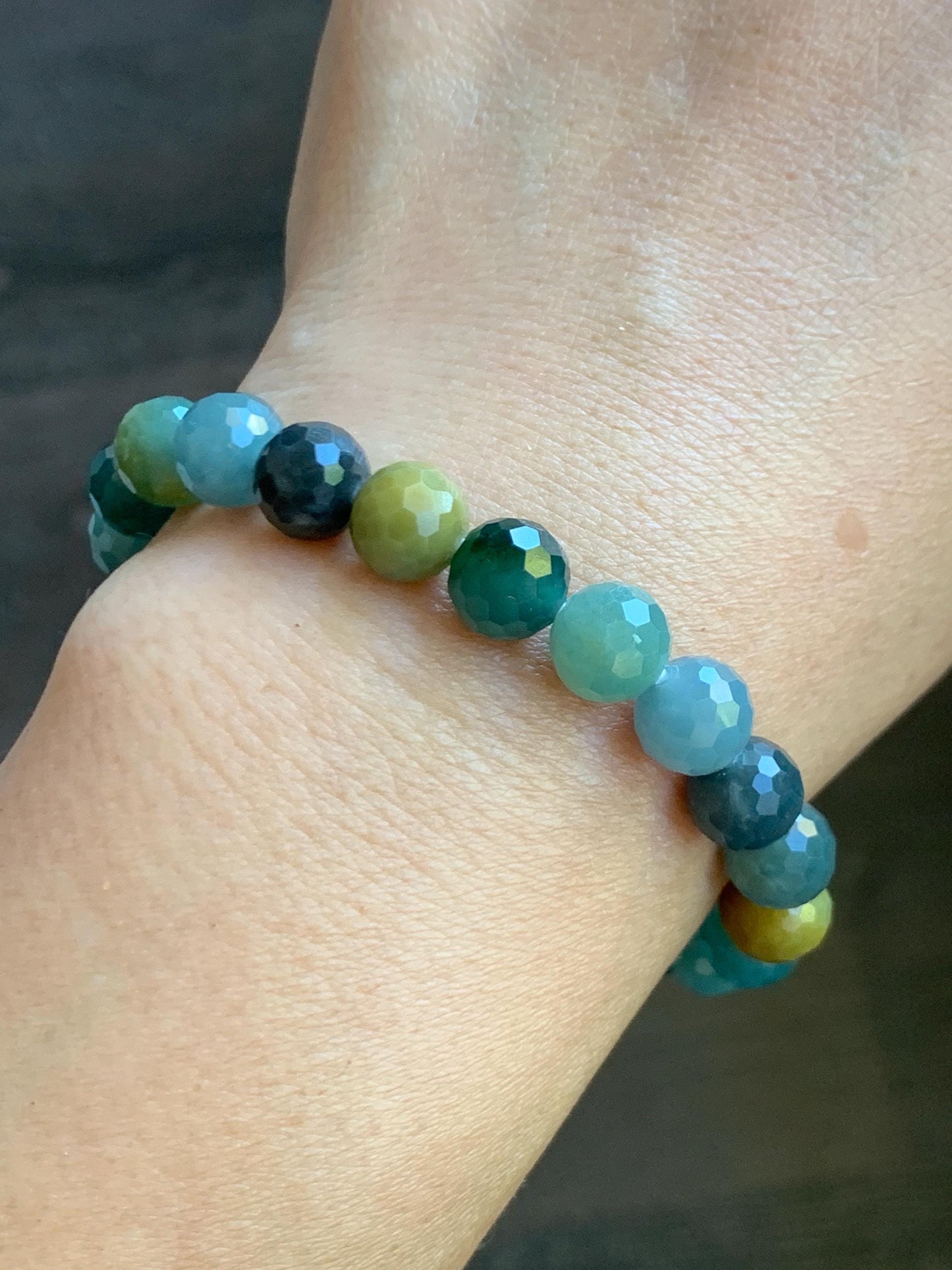 Natural Guatemalan Grade A Icy Translucent Multicolored Faceted Jade Jadeite Beaded Bracelet Stretchy 8.5mm 6.5" 21g 天然冰危多宝翡翠切割面圆珠手串 DBWQ14