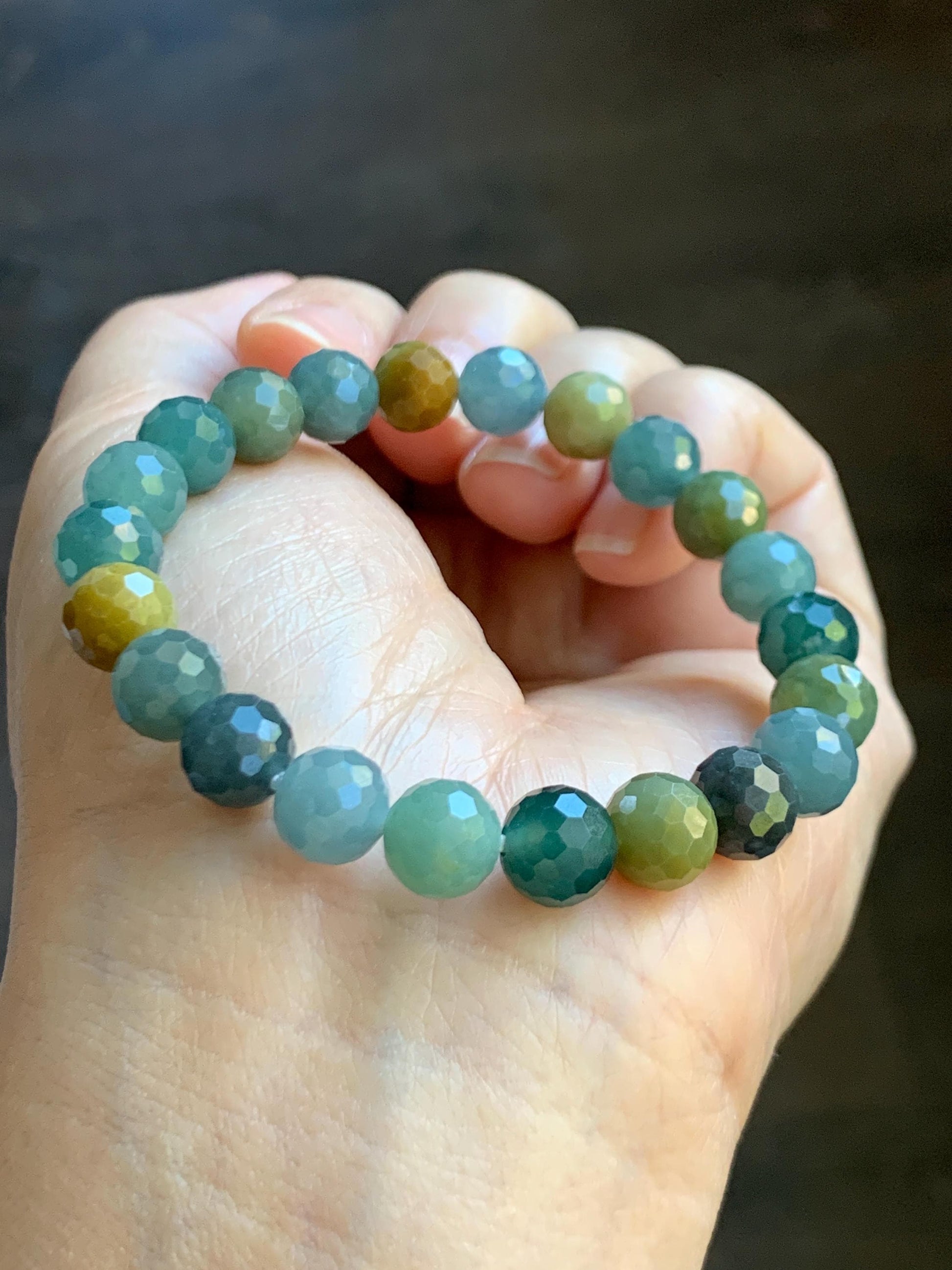 Natural Guatemalan Grade A Icy Translucent Multicolored Faceted Jade Jadeite Beaded Bracelet Stretchy 8.5mm 6.5" 21g 天然冰危多宝翡翠切割面圆珠手串 DBWQ14