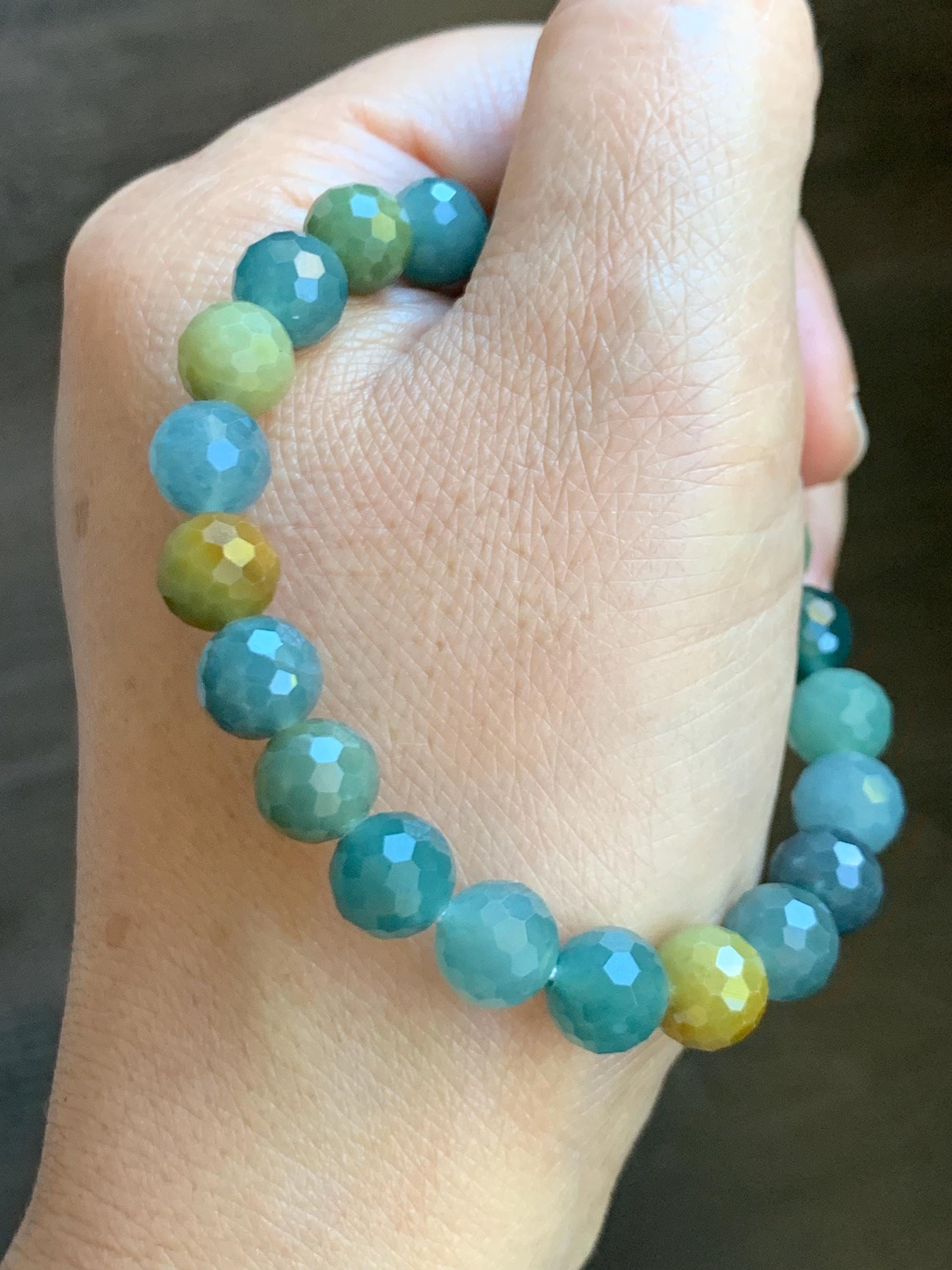 Natural Guatemalan Grade A Icy Translucent Multicolored Faceted Jade Jadeite Beaded Bracelet Stretchy 8.5mm 6.5" 21g 天然冰危多宝翡翠切割面圆珠手串 DBWQ14