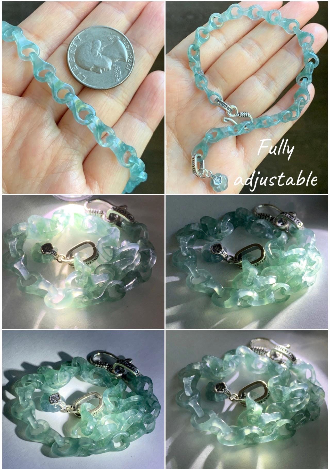 Certified Natural Guatemalan Icy Light Teal Blue Jade Jadeite Interlocking Dragon Bone Links Bracelet Sterling Silver 8.75" 天然冰胶危蓝翡翠龙骨链手链749