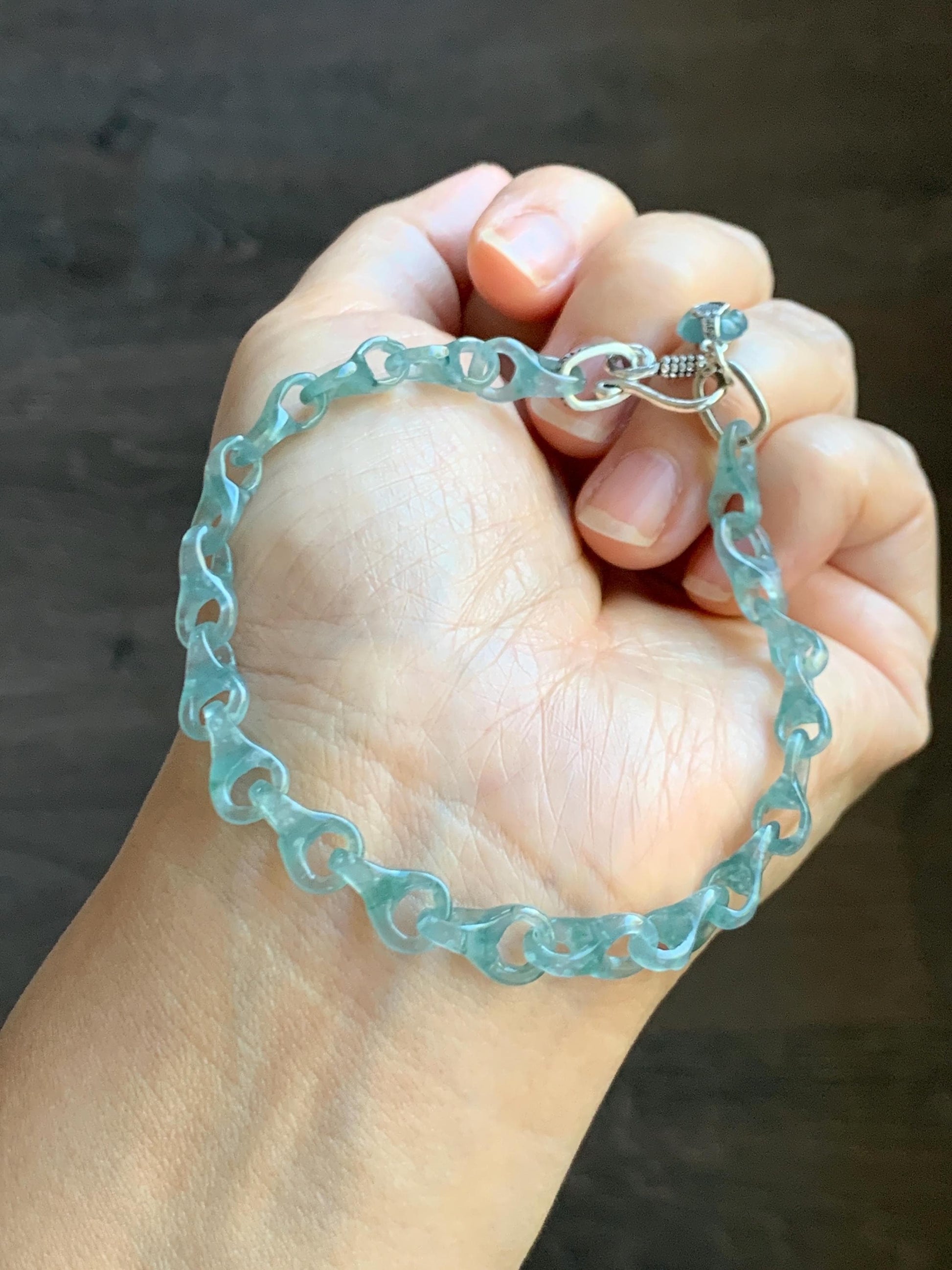 Certified Natural Guatemalan Icy Light Teal Blue Jade Jadeite Interlocking Dragon Bone Links Bracelet Sterling Silver 8.75" 天然冰胶危蓝翡翠龙骨链手链749