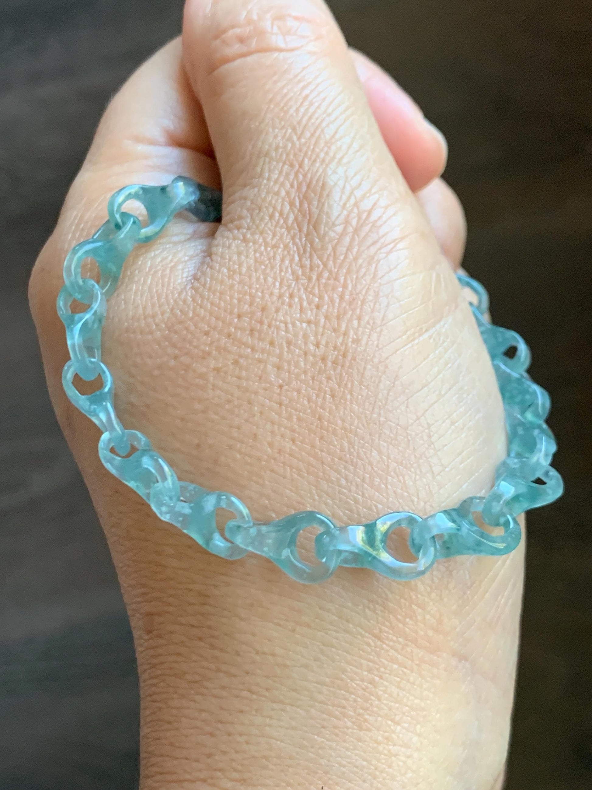 Certified Natural Guatemalan Icy Light Teal Blue Jade Jadeite Interlocking Dragon Bone Links Bracelet Sterling Silver 8.75" 天然冰胶危蓝翡翠龙骨链手链749