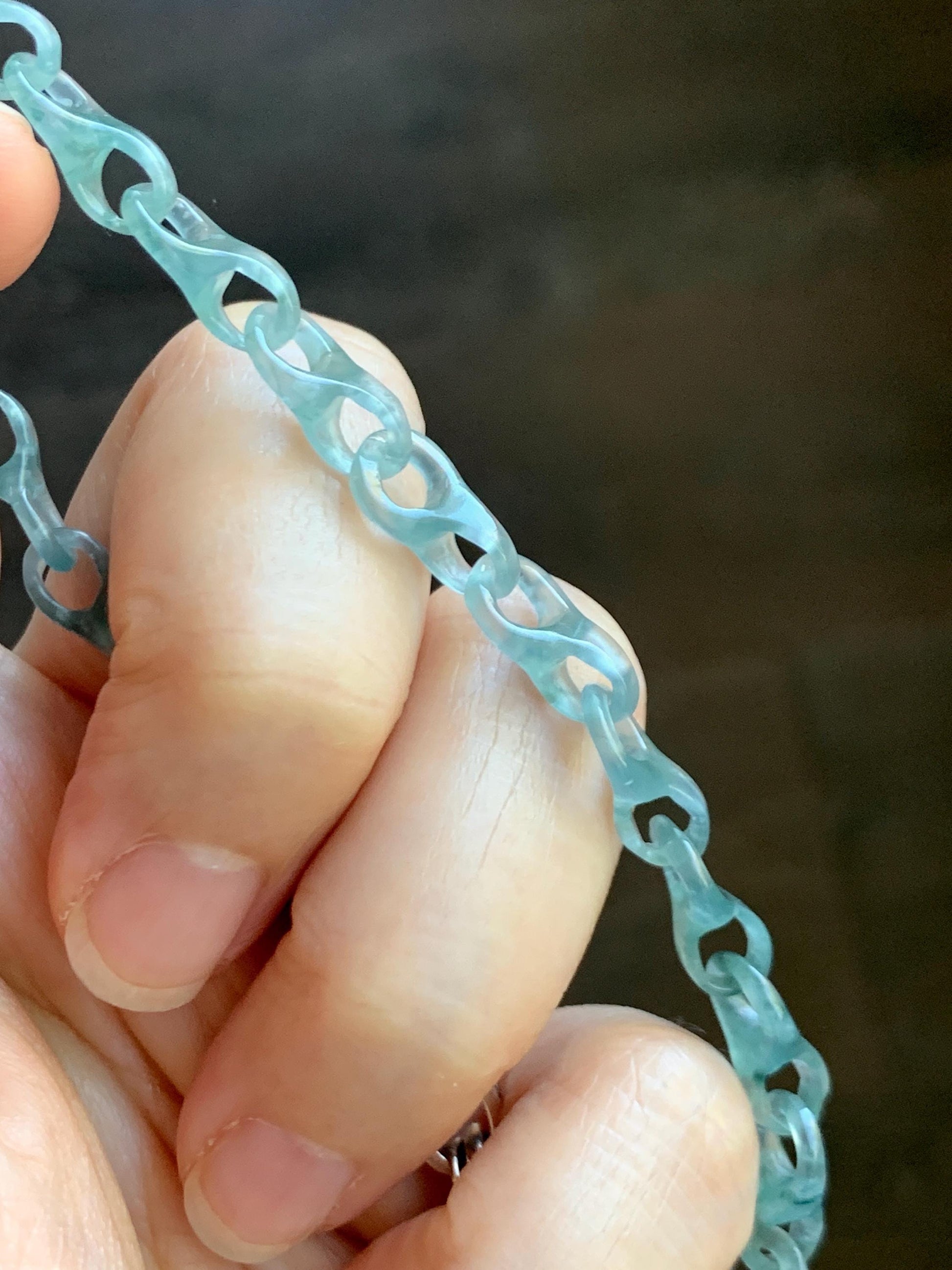 Certified Natural Guatemalan Icy Light Teal Blue Jade Jadeite Interlocking Dragon Bone Links Bracelet Sterling Silver 8.75" 天然冰胶危蓝翡翠龙骨链手链749