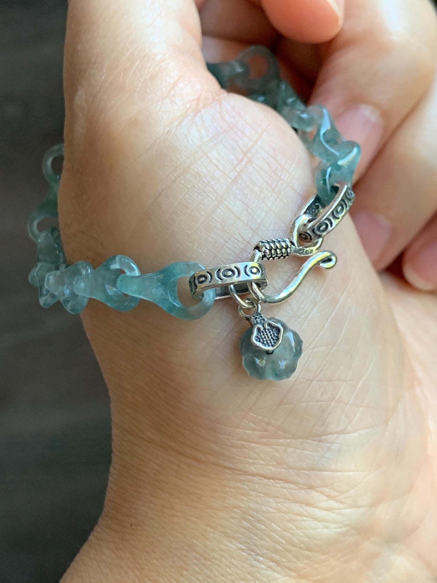 Certified Natural Guatemalan Icy Light Teal Blue Jade Jadeite Interlocking Dragon Bone Links Bracelet Sterling Silver 8.75" 天然冰胶危蓝翡翠龙骨链手链749