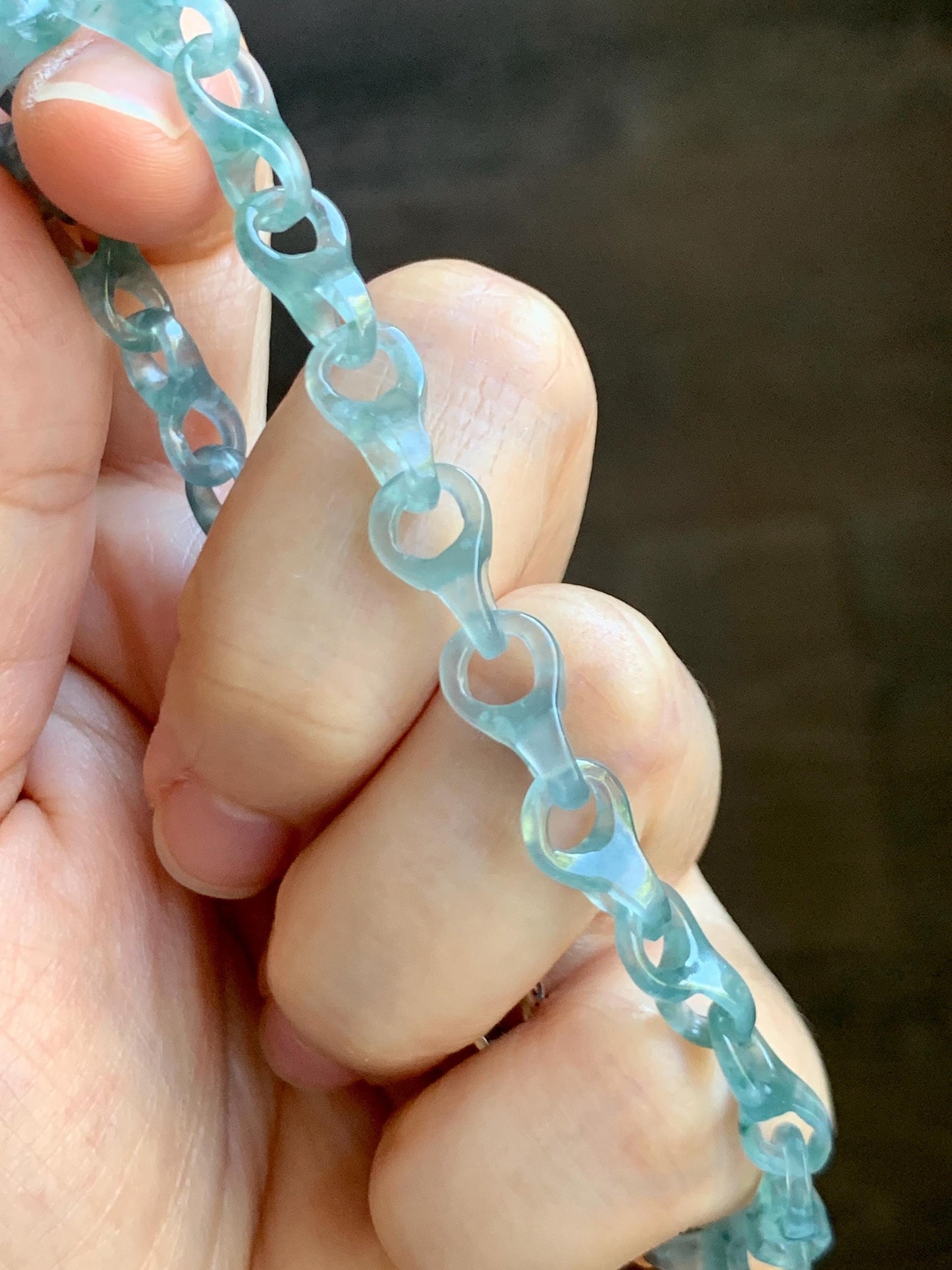 Certified Natural Guatemalan Icy Light Teal Blue Jade Jadeite Interlocking Dragon Bone Links Bracelet Sterling Silver 8.75" 天然冰胶危蓝翡翠龙骨链手链749
