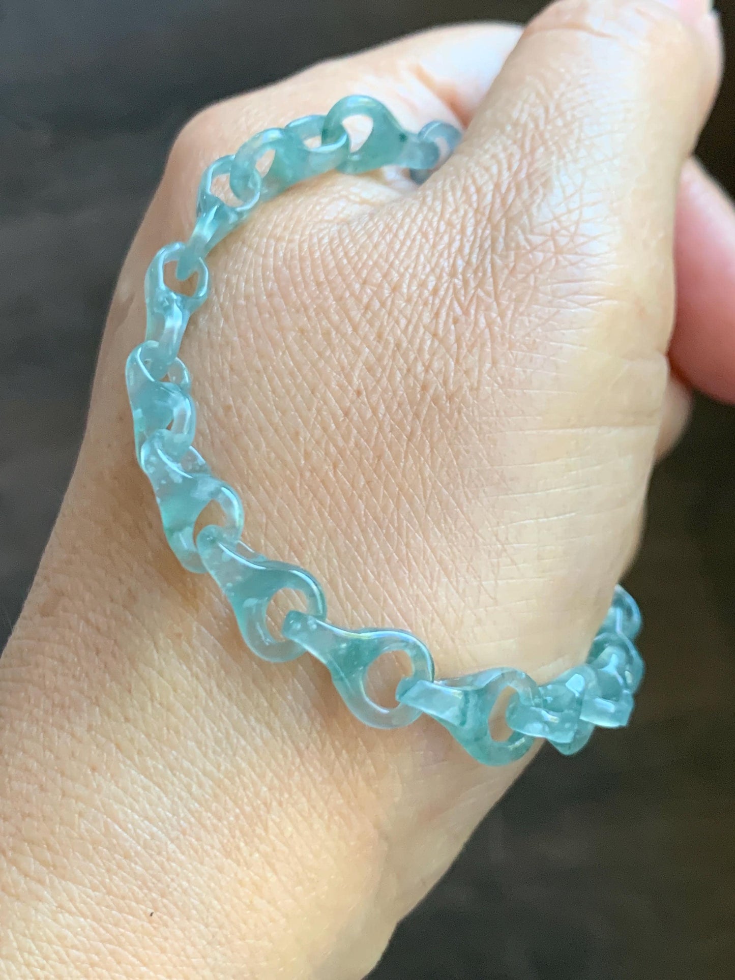 Certified Natural Guatemalan Icy Light Teal Blue Jade Jadeite Interlocking Dragon Bone Links Bracelet Sterling Silver 8.75" 天然冰胶危蓝翡翠龙骨链手链749