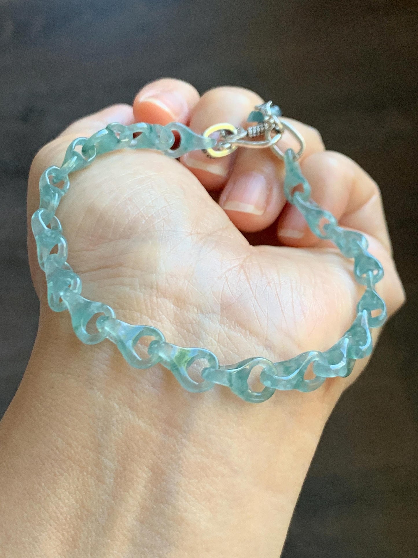 Certified Natural Guatemalan Icy Light Teal Blue Jade Jadeite Interlocking Dragon Bone Links Bracelet Sterling Silver 8.75" 天然冰胶危蓝翡翠龙骨链手链749