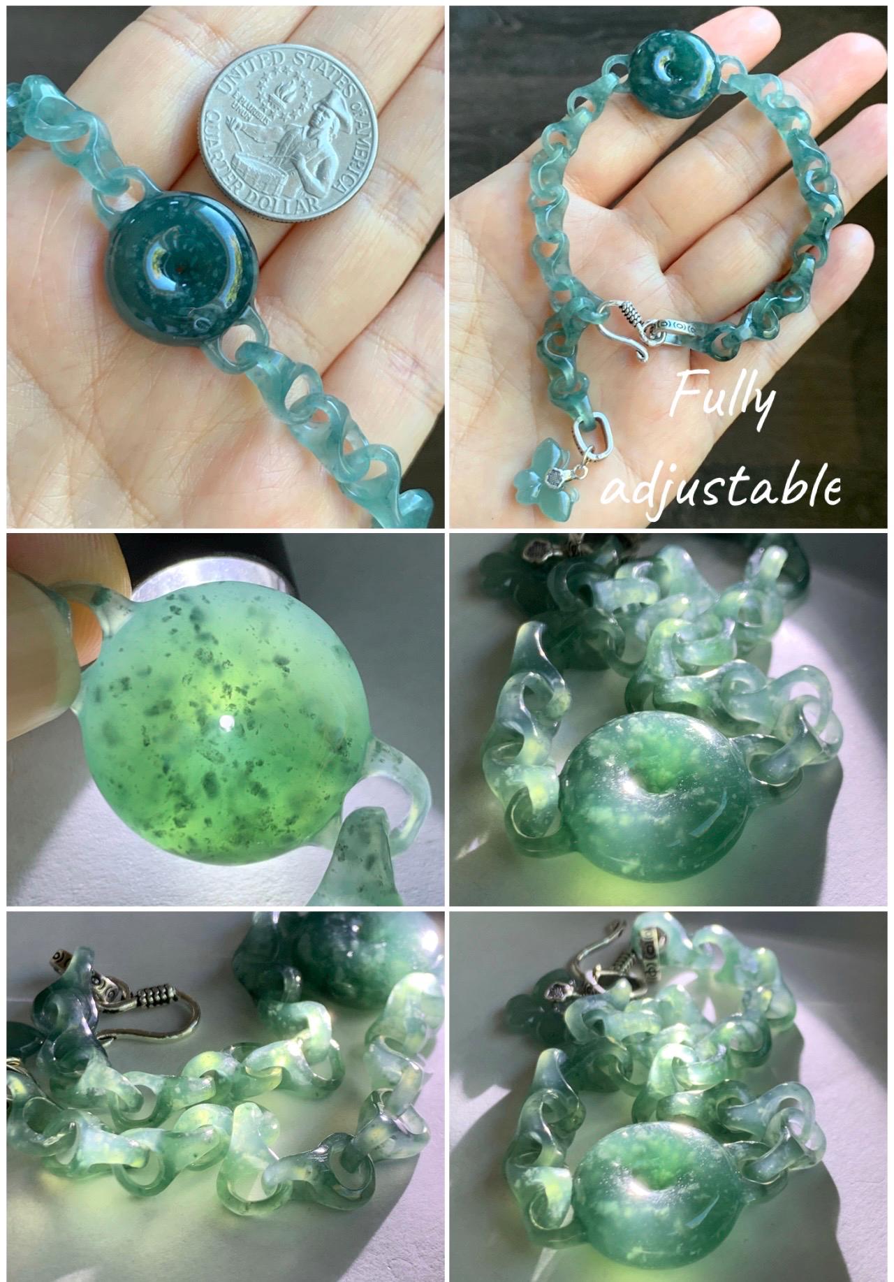 Certified Natural Guatemalan Teal Blue Jade Jadeite Interlocking Dragon Bone Links & Donut Bracelet Sterling Silver 9.5" 天然冰胶危蓝翡翠龙骨链平安扣手链771