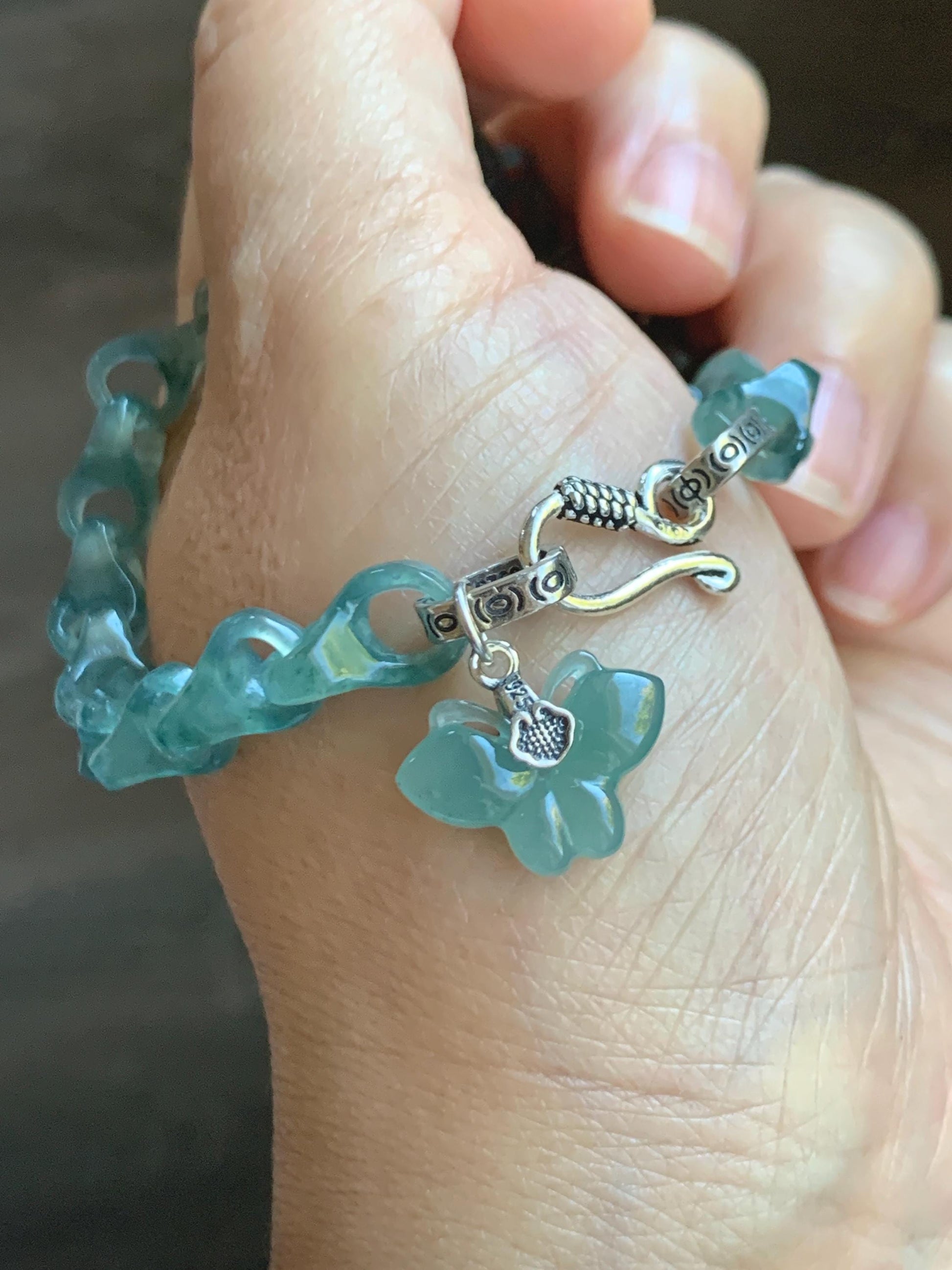 Certified Natural Guatemalan Teal Blue Jade Jadeite Interlocking Dragon Bone Links & Donut Bracelet Sterling Silver 9.5" 天然冰胶危蓝翡翠龙骨链平安扣手链771