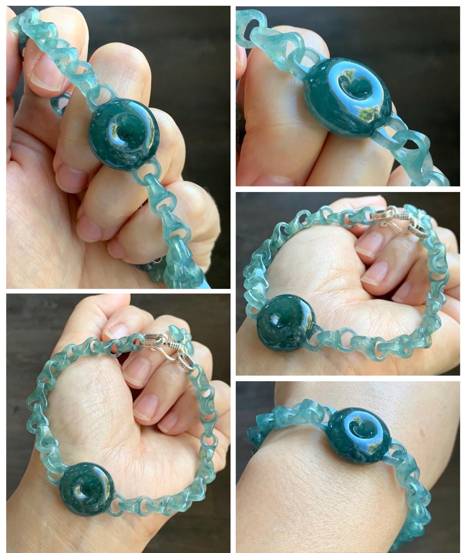 Certified Natural Guatemalan Teal Blue Jade Jadeite Interlocking Dragon Bone Links & Donut Bracelet Sterling Silver 9.5" 天然冰胶危蓝翡翠龙骨链平安扣手链771