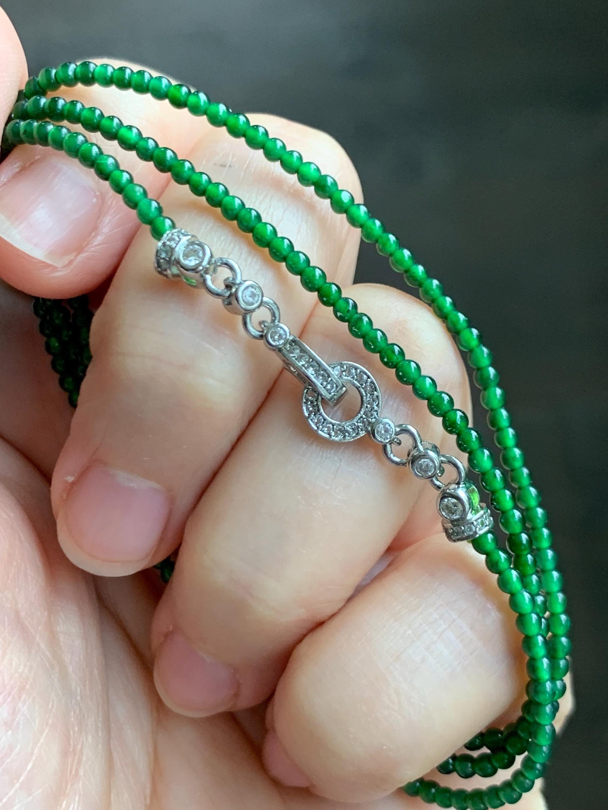 Natural Grade A Guatemalan Icy Translucent Vibrant Green Jade Jadeite Petite Beads Beaded Necklace 2.4mm 21.5" 7g 天然冰危绿翡翠小圆珠项链 XWL272