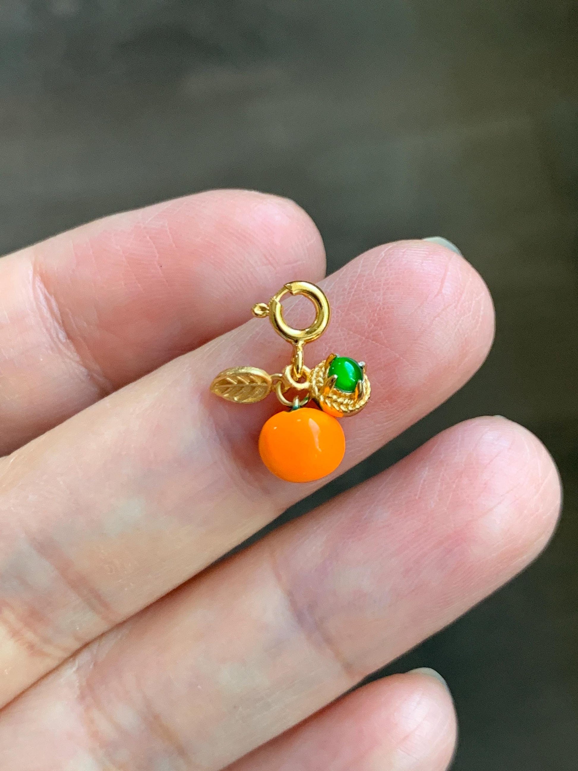 Natural Grade A Guatemalan Icy Translucent Vibrant Green Jade Jadeite Enamel Petite Persimmon Charm Pendant Sterling Silver WLDL44-P