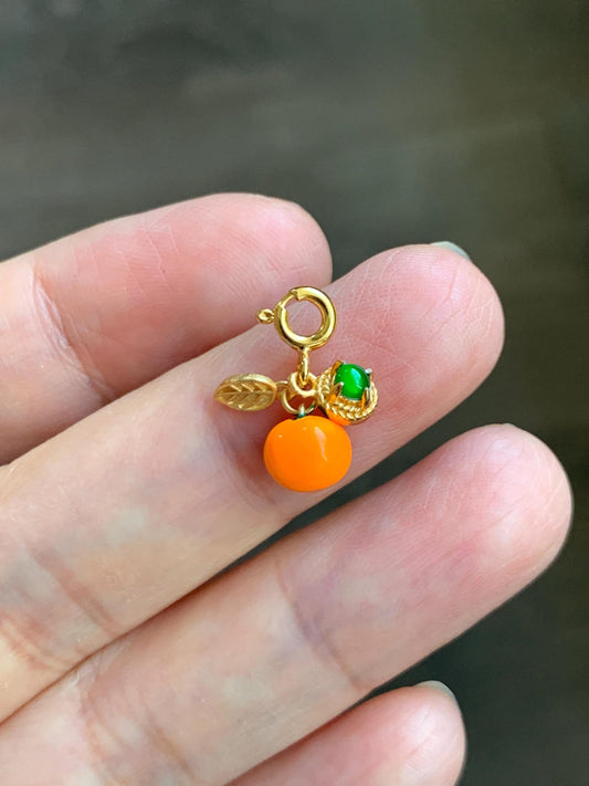 Natural Grade A Guatemalan Icy Translucent Vibrant Green Jade Jadeite Enamel Petite Persimmon Charm Pendant Sterling Silver WLDL44-P