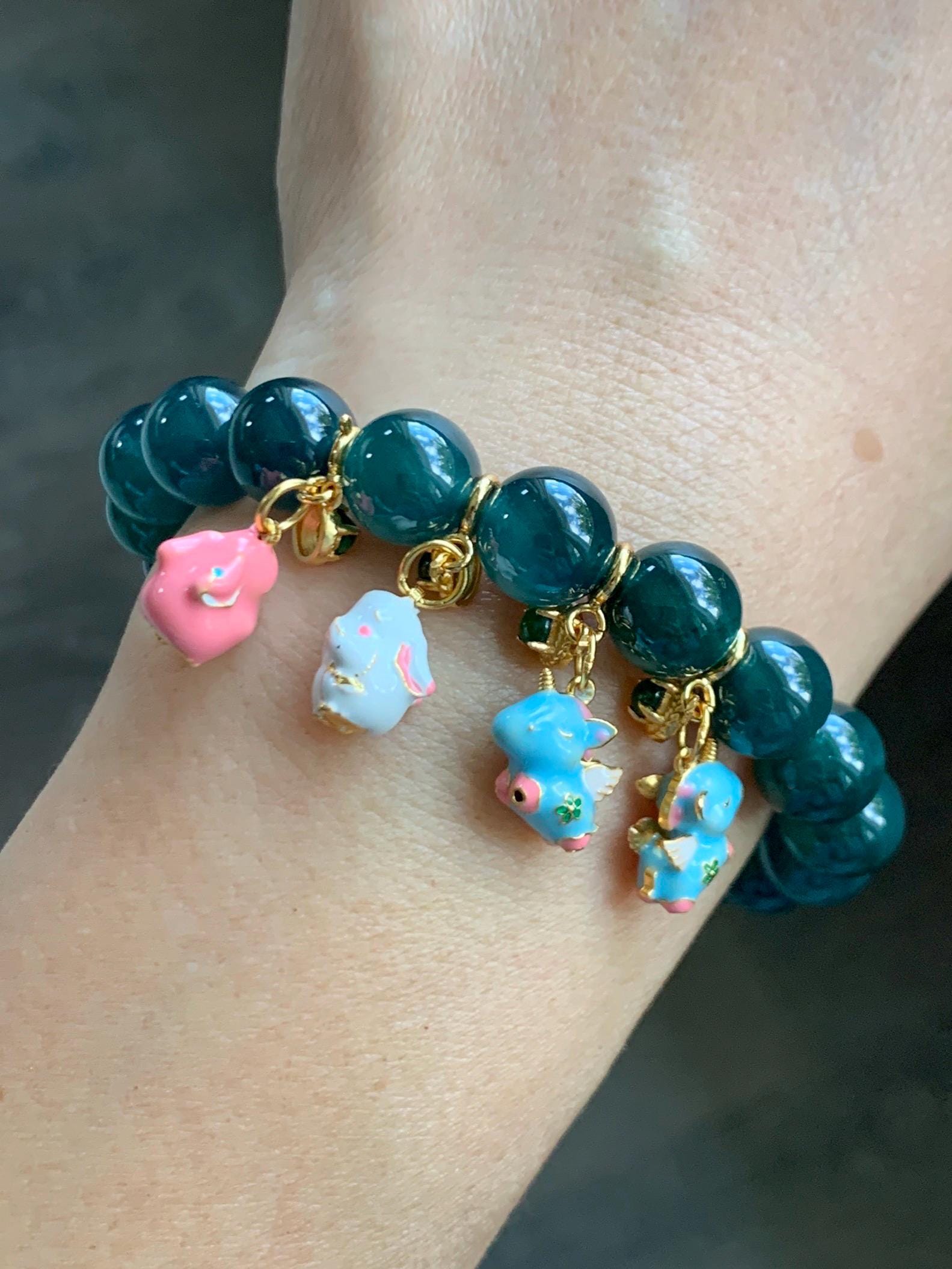 Natural Grade A Guatemalan Icy Translucent Vibrant Green Jade Jadeite Enamel Petite Rabbit or Unicorn Charm Pendant Sterling Silver WLDL44-A