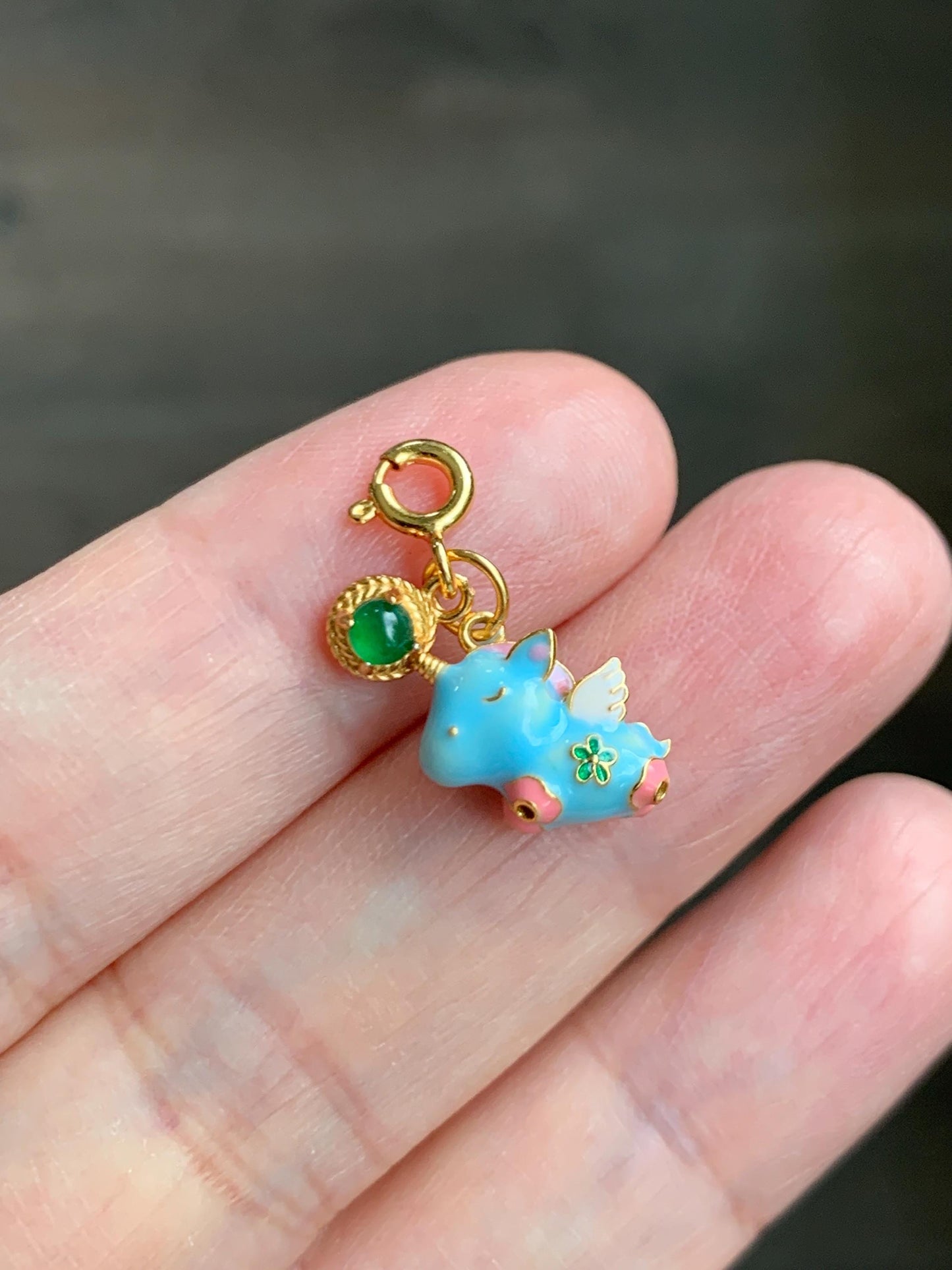 Natural Grade A Guatemalan Icy Translucent Vibrant Green Jade Jadeite Enamel Petite Rabbit or Unicorn Charm Pendant Sterling Silver WLDL44-A