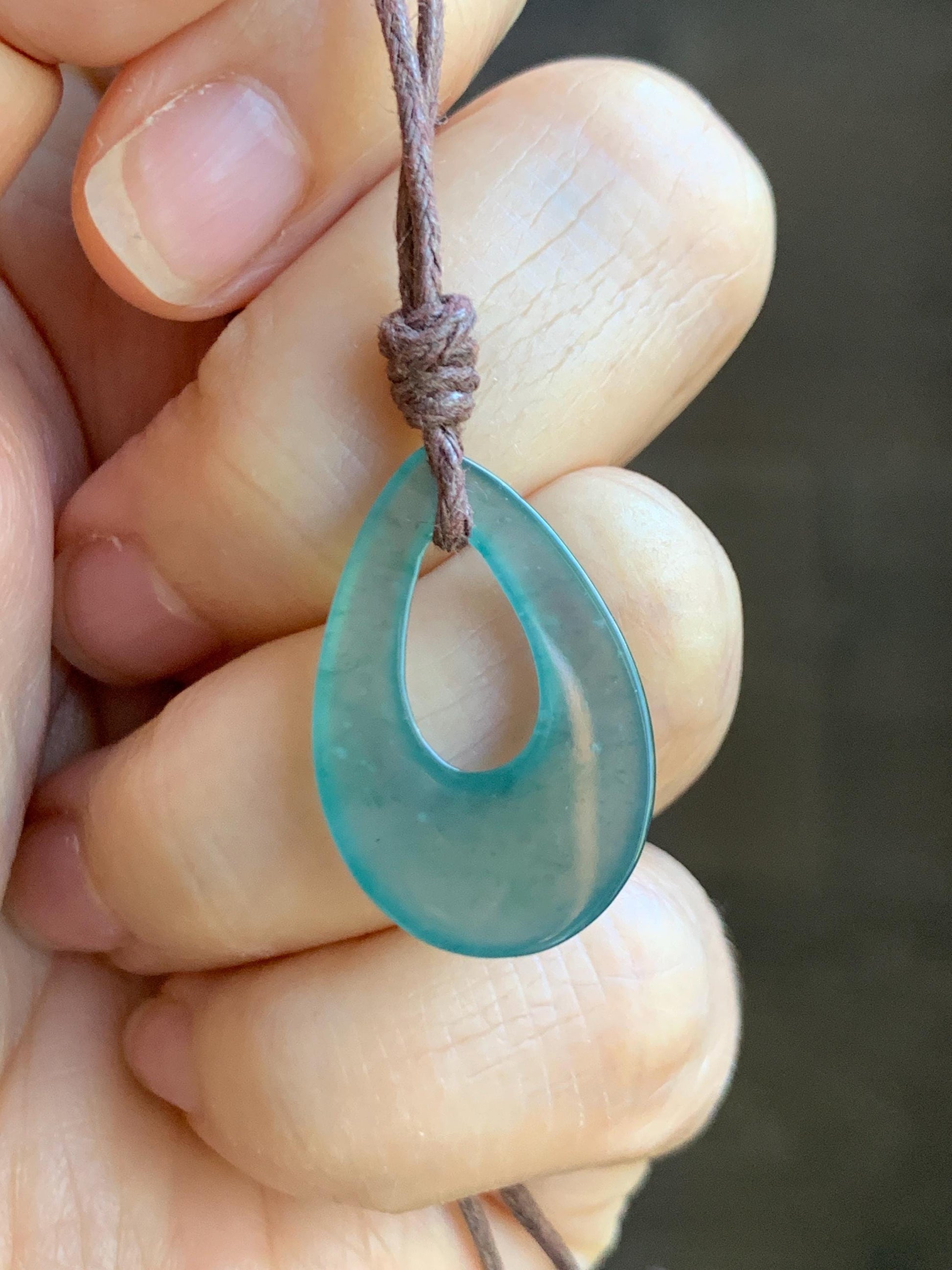 Natural Grade A Guatemalan Icy Highly Translucent Teal Jade Jadeite Carved Teardrop Pendant Rope Bracelet 26” 天然冰危蓝绿起光翡翠小水滴项链 WSD160A