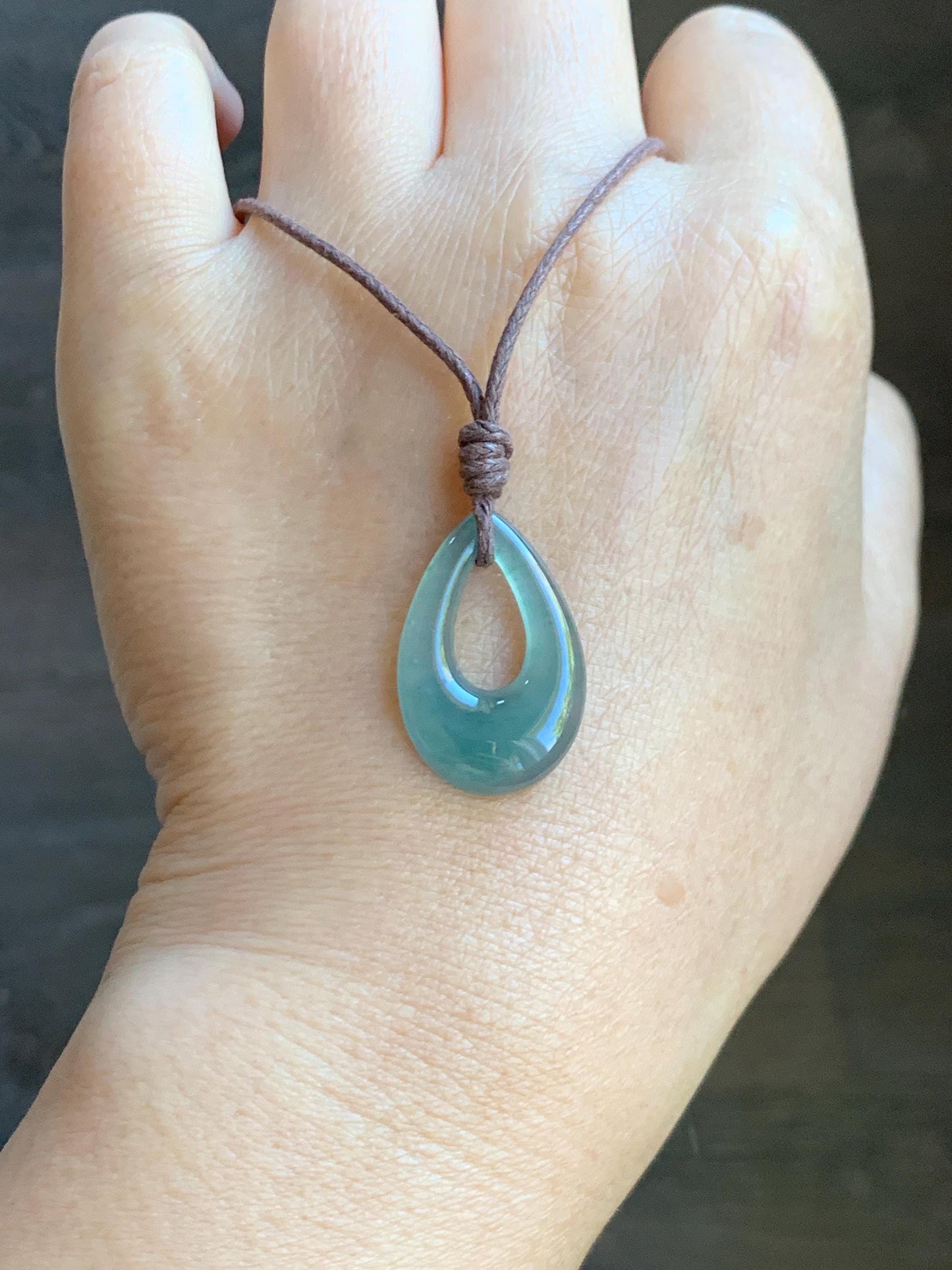 Natural Grade A Guatemalan Icy Highly Translucent Teal Jade Jadeite Carved Teardrop Pendant Rope Bracelet 26” 天然冰危蓝绿起光翡翠小水滴项链 WSD160A