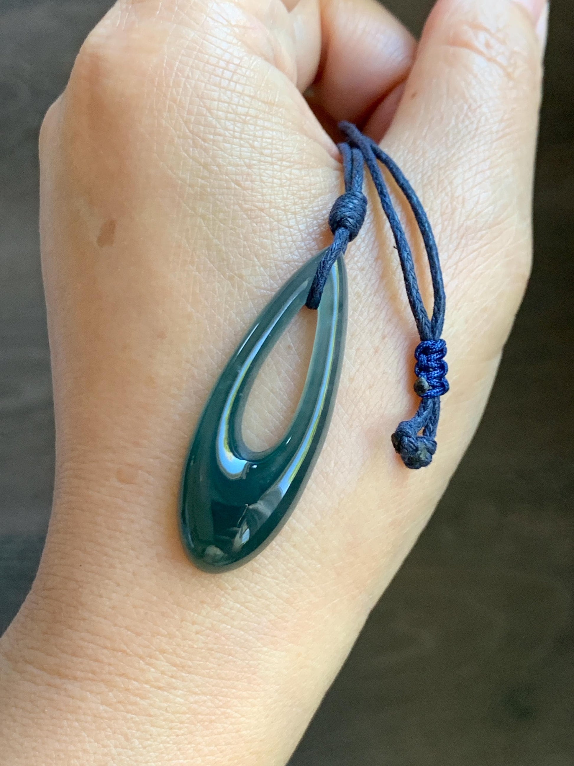 Natural Grade A Guatemalan Icy Highly Translucent Dark Blue Jade Jadeite Carved Teardrop Pendant Rope Bracelet 26” 天然冰危深蓝翡翠水滴项链 WSD160C