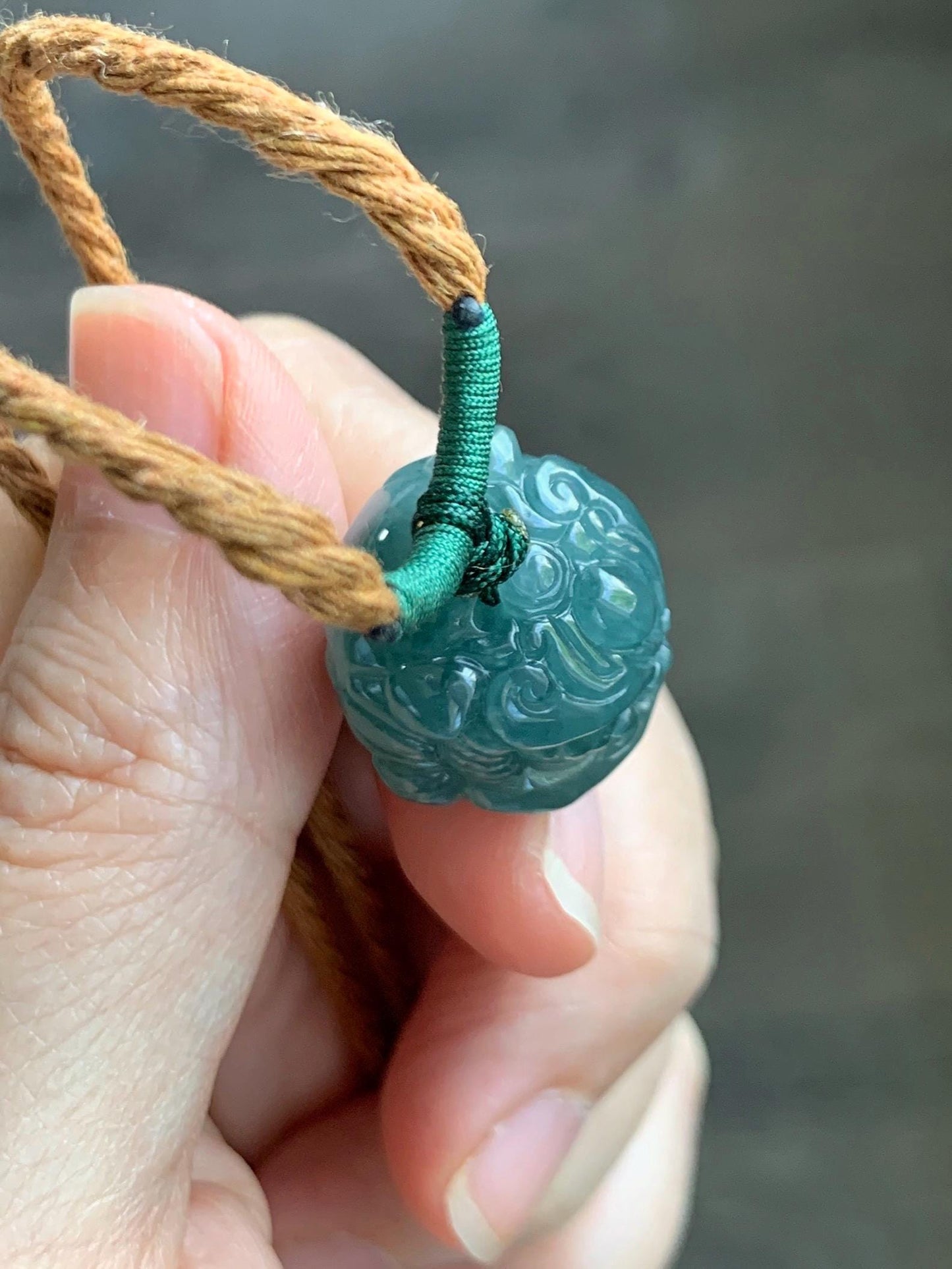 Natural Grade A Guatemalan Icy Translucent Dark Teal Blue Jade Jadeite Dancing Lion Pendant Rope Necklace 26” 12g 天然冰危深蓝绿翡翠醒狮吊坠 XSH140A