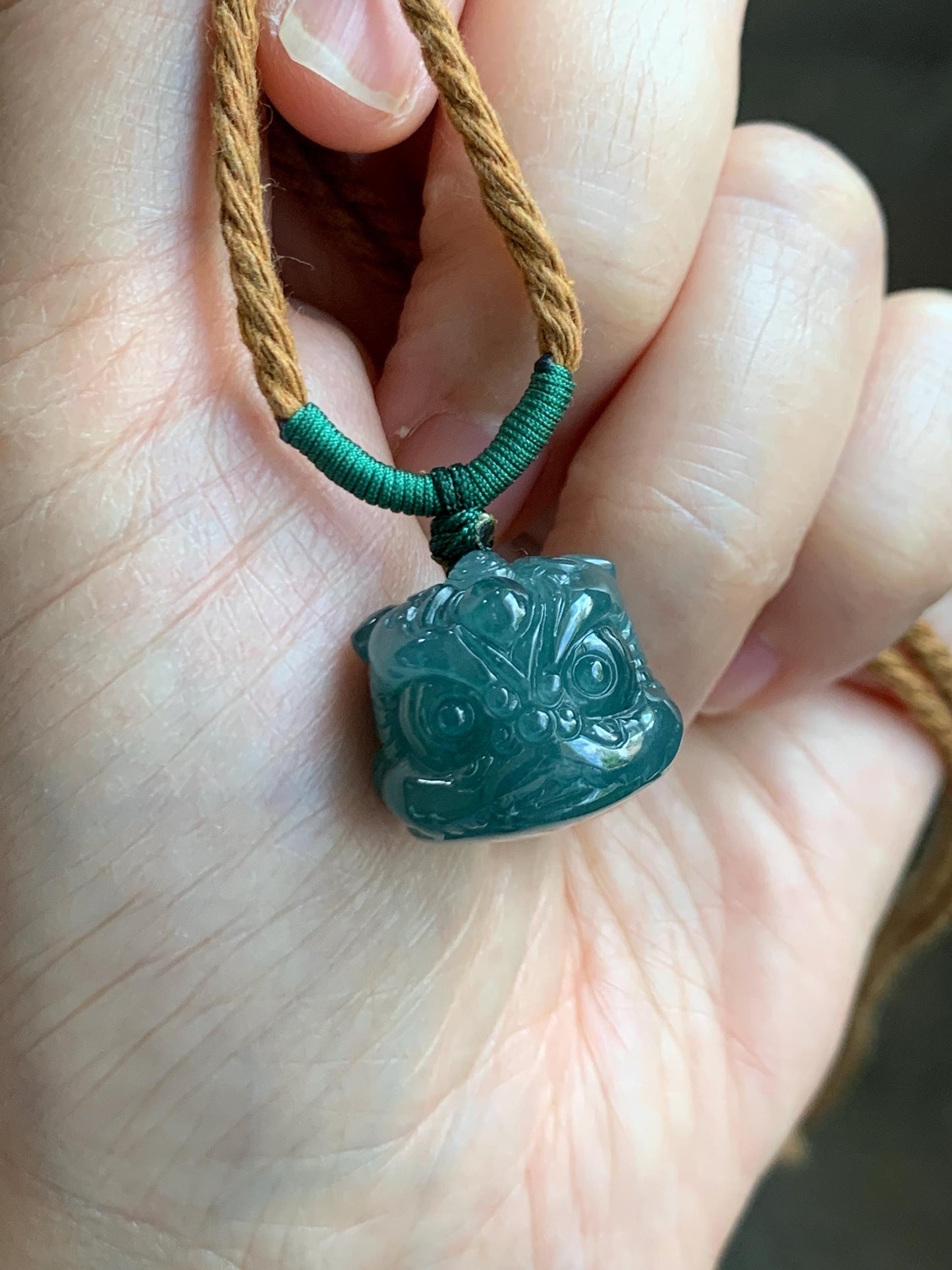 Natural Grade A Guatemalan Icy Translucent Dark Teal Blue Jade Jadeite Dancing Lion Pendant Rope Necklace 26” 12g 天然冰危深蓝绿翡翠醒狮吊坠 XSH140A