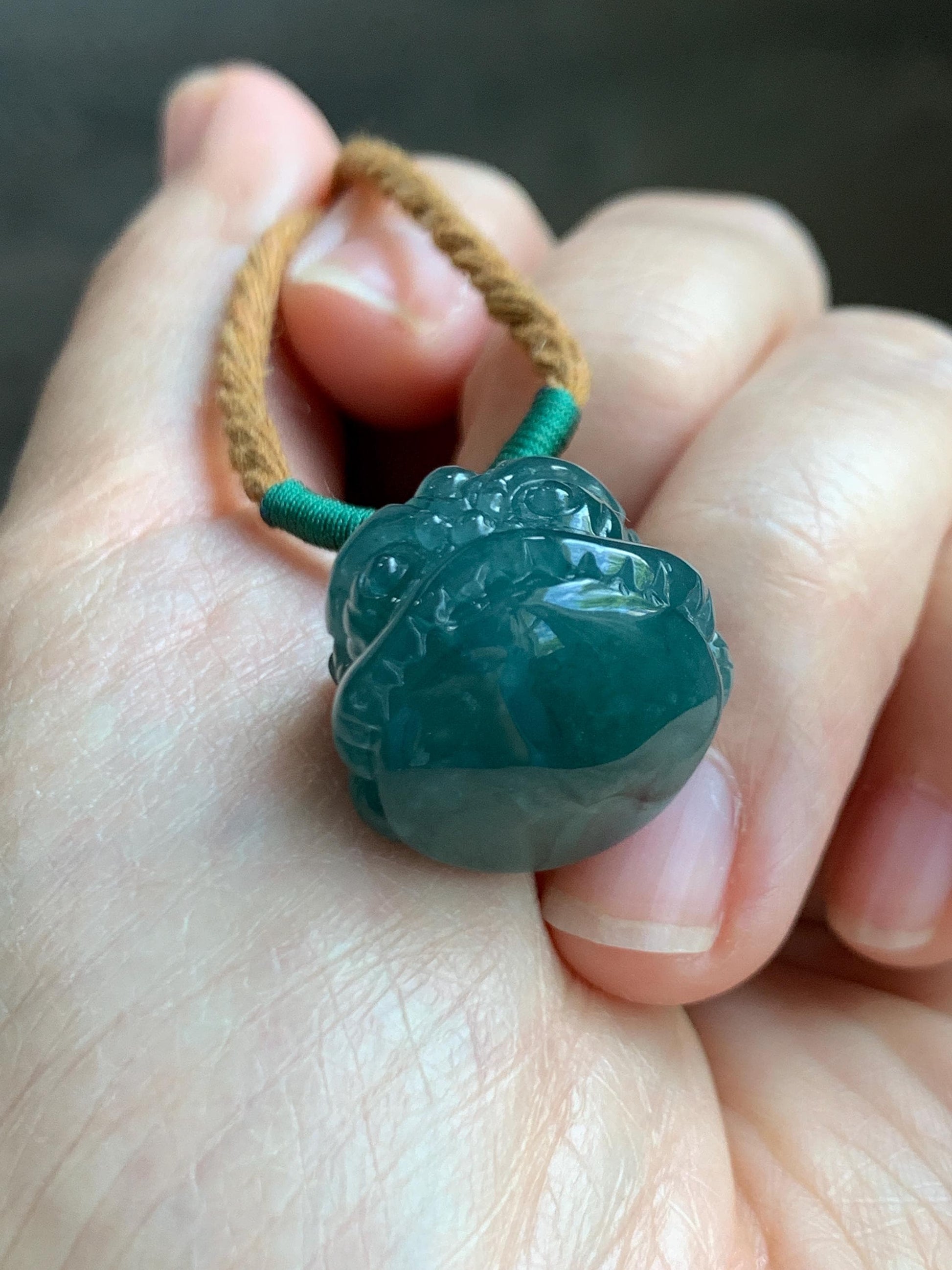 Natural Grade A Guatemalan Icy Translucent Dark Teal Blue Jade Jadeite Dancing Lion Pendant Rope Necklace 26” 12g 天然冰危深蓝绿翡翠醒狮吊坠 XSH140A