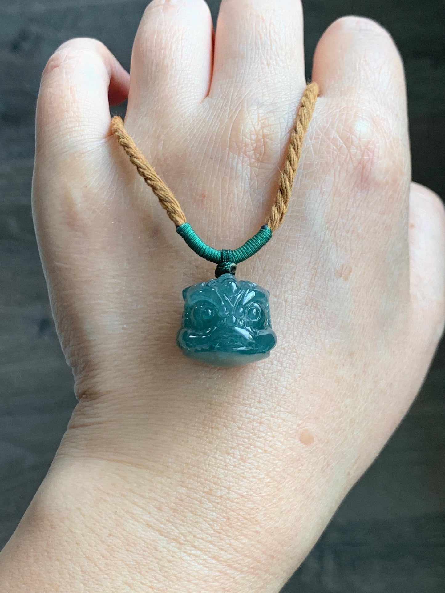 Natural Grade A Guatemalan Icy Translucent Dark Teal Blue Jade Jadeite Dancing Lion Pendant Rope Necklace 26” 12g 天然冰危深蓝绿翡翠醒狮吊坠 XSH140A