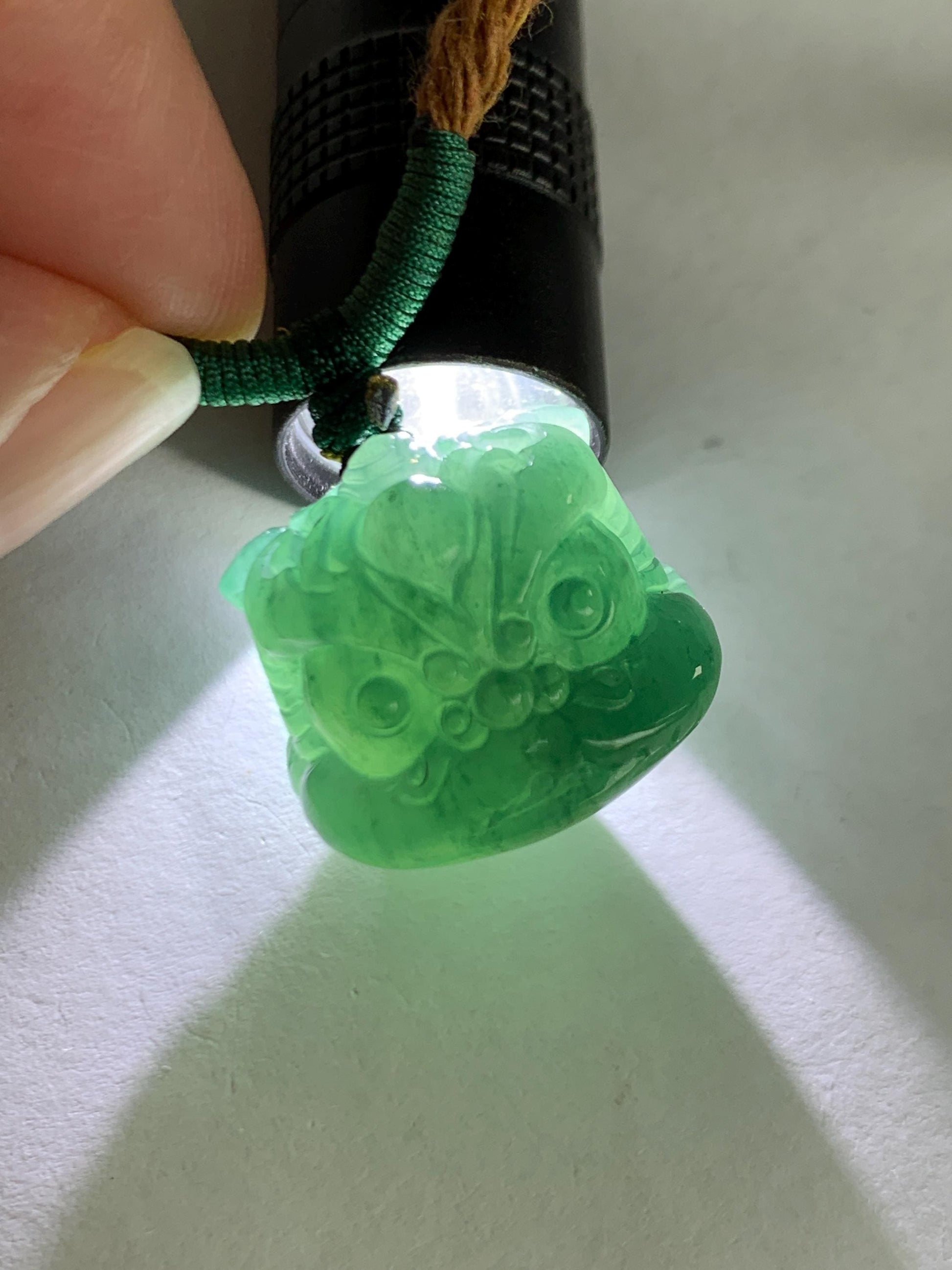 Natural Grade A Guatemalan Icy Translucent Dark Teal Blue Jade Jadeite Dancing Lion Pendant Rope Necklace 26” 12g 天然冰危深蓝绿翡翠醒狮吊坠 XSH140A