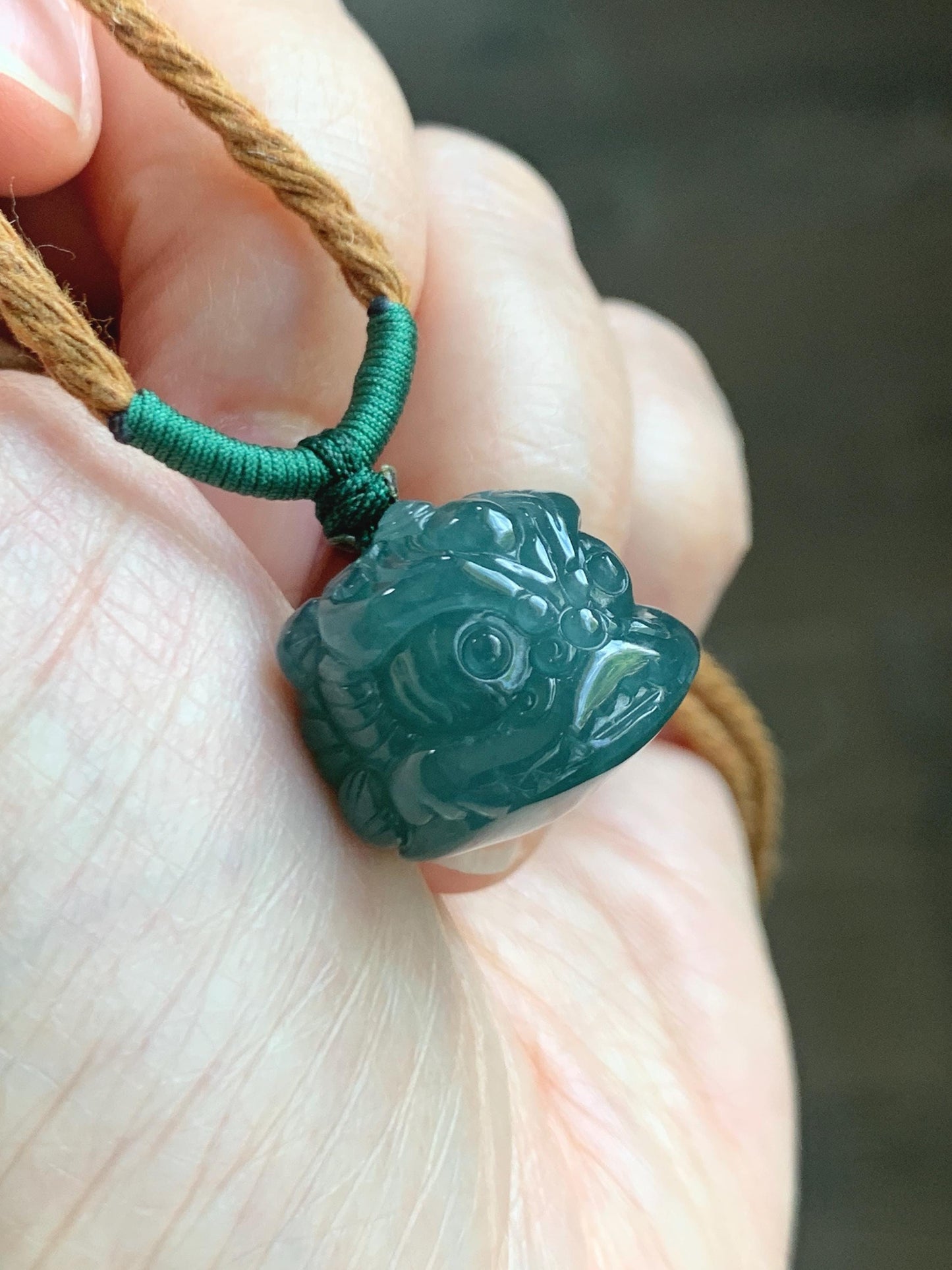 Natural Grade A Guatemalan Icy Translucent Dark Teal Blue Jade Jadeite Dancing Lion Pendant Rope Necklace 26” 12g 天然冰危深蓝绿翡翠醒狮吊坠 XSH140A