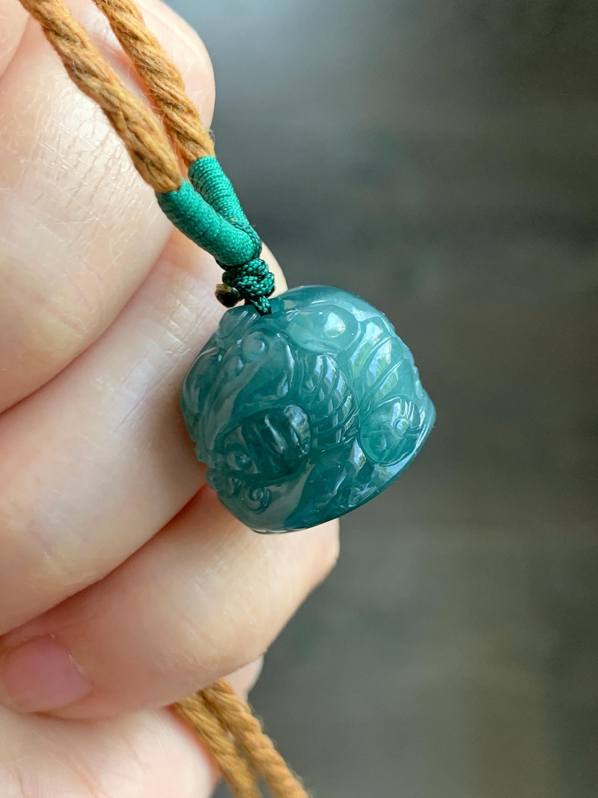 Natural Grade A Guatemalan Icy Translucent Dark Teal Blue Jade Jadeite Dancing Lion Pendant Rope Necklace 26” 12g 天然冰危深蓝绿翡翠醒狮吊坠 XSH140A