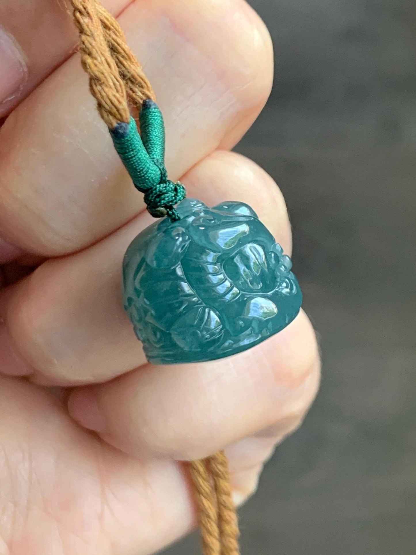 Natural Grade A Guatemalan Icy Translucent Dark Teal Blue Jade Jadeite Dancing Lion Pendant Rope Necklace 26” 12g 天然冰危深蓝绿翡翠醒狮吊坠 XSH140A