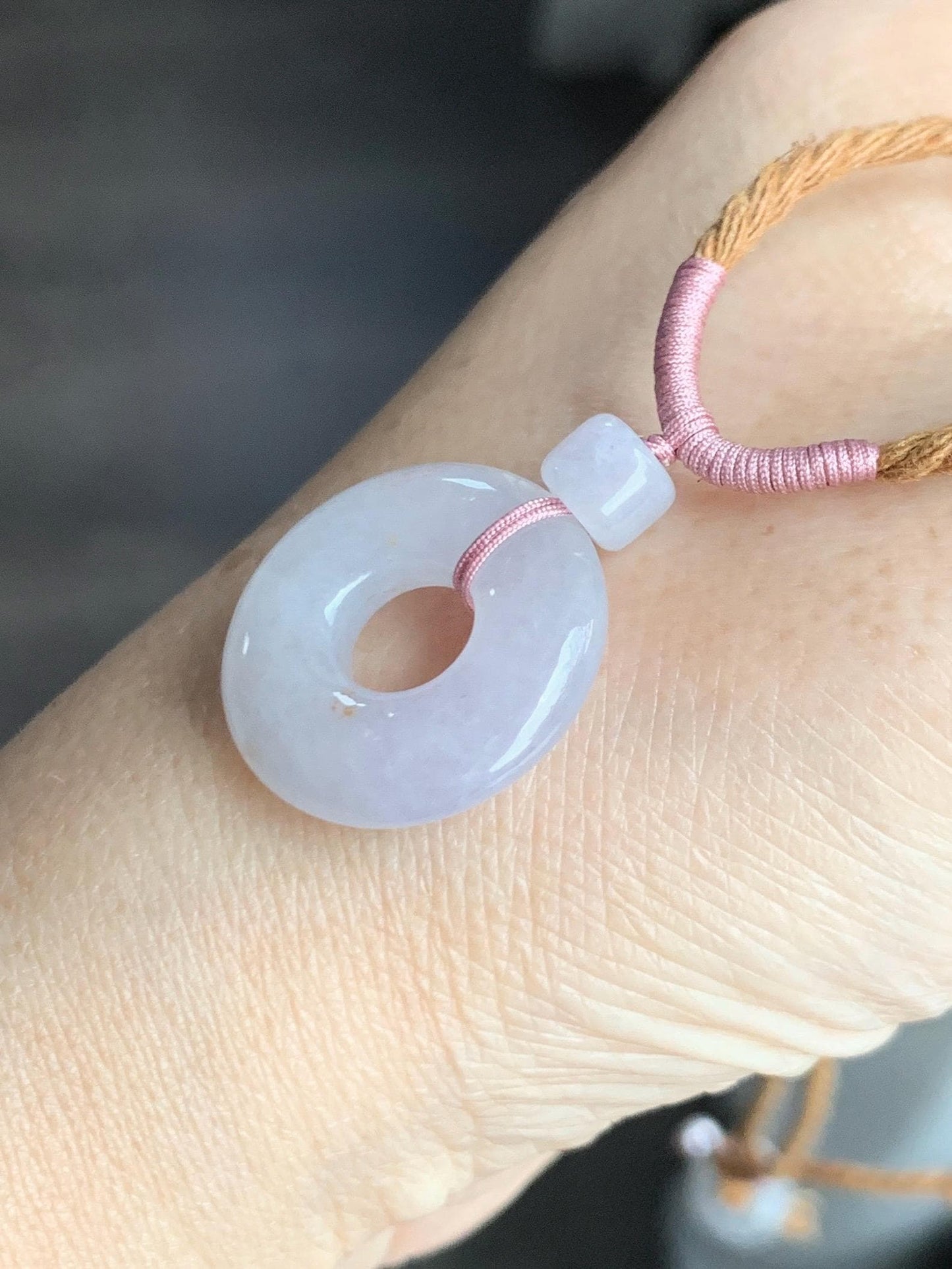 Natural Grade A Icy Translucent Jade Jadeite Ping An Kou Donut Pastel Blush Undertone Pendant Rope Necklace 18.5” 8g 天然冰粉底翡翠平安扣吊坠项链 FKM380