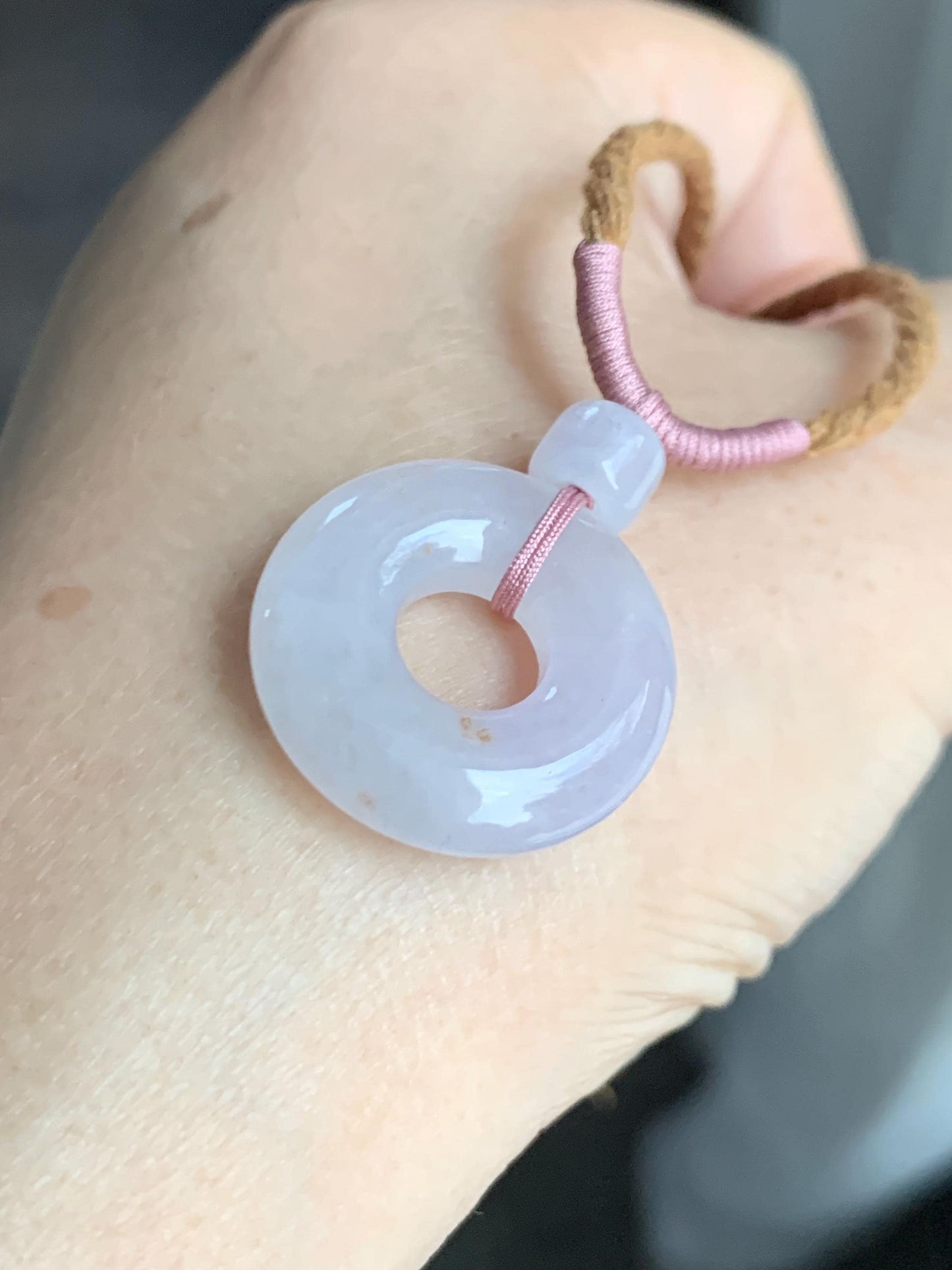Natural Grade A Icy Translucent Jade Jadeite Ping An Kou Donut Pastel Blush Undertone Pendant Rope Necklace 18.5” 8g 天然冰粉底翡翠平安扣吊坠项链 FKM380