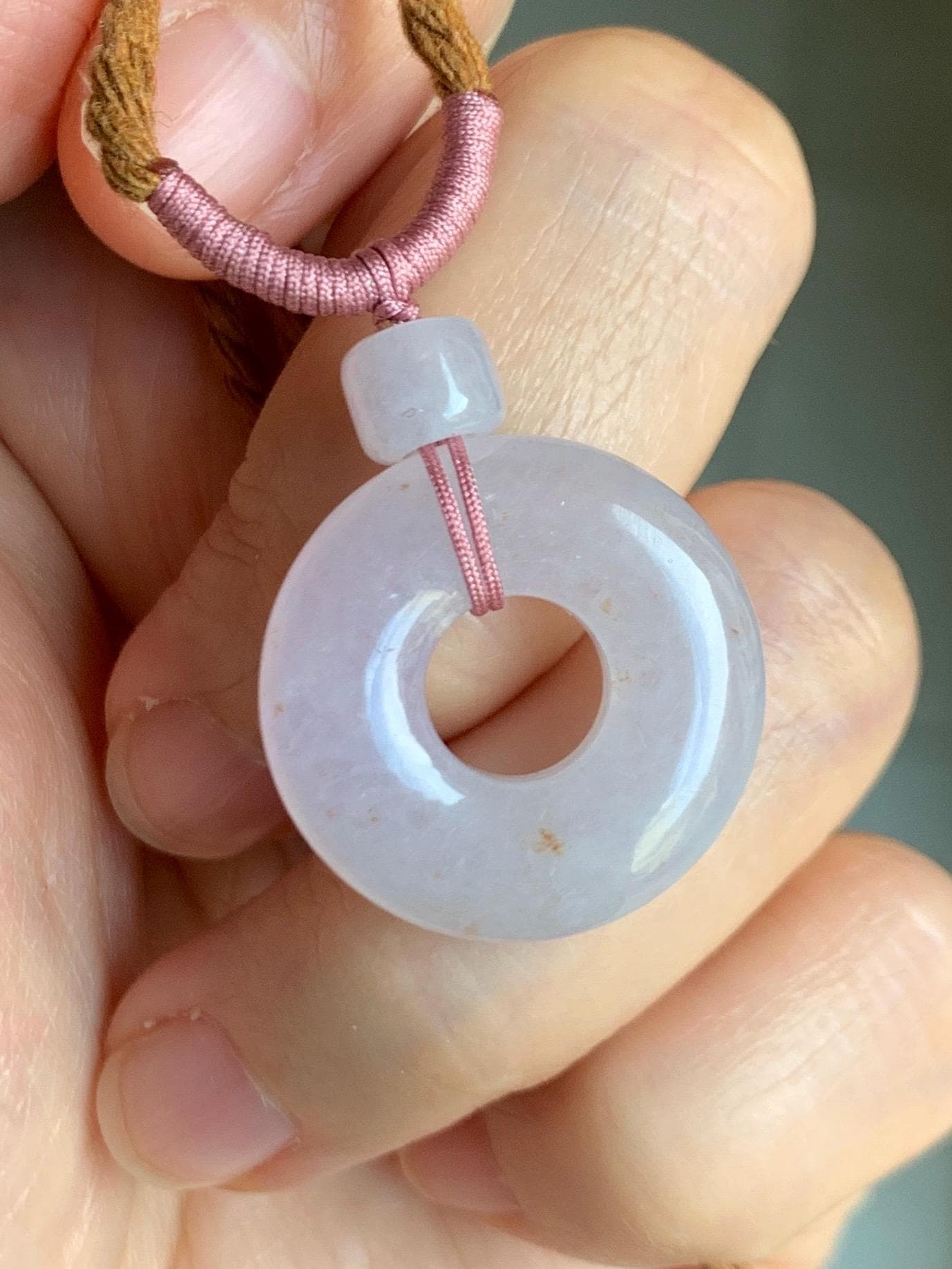 Natural Grade A Icy Translucent Jade Jadeite Ping An Kou Donut Pastel Blush Undertone Pendant Rope Necklace 18.5” 8g 天然冰粉底翡翠平安扣吊坠项链 FKM380