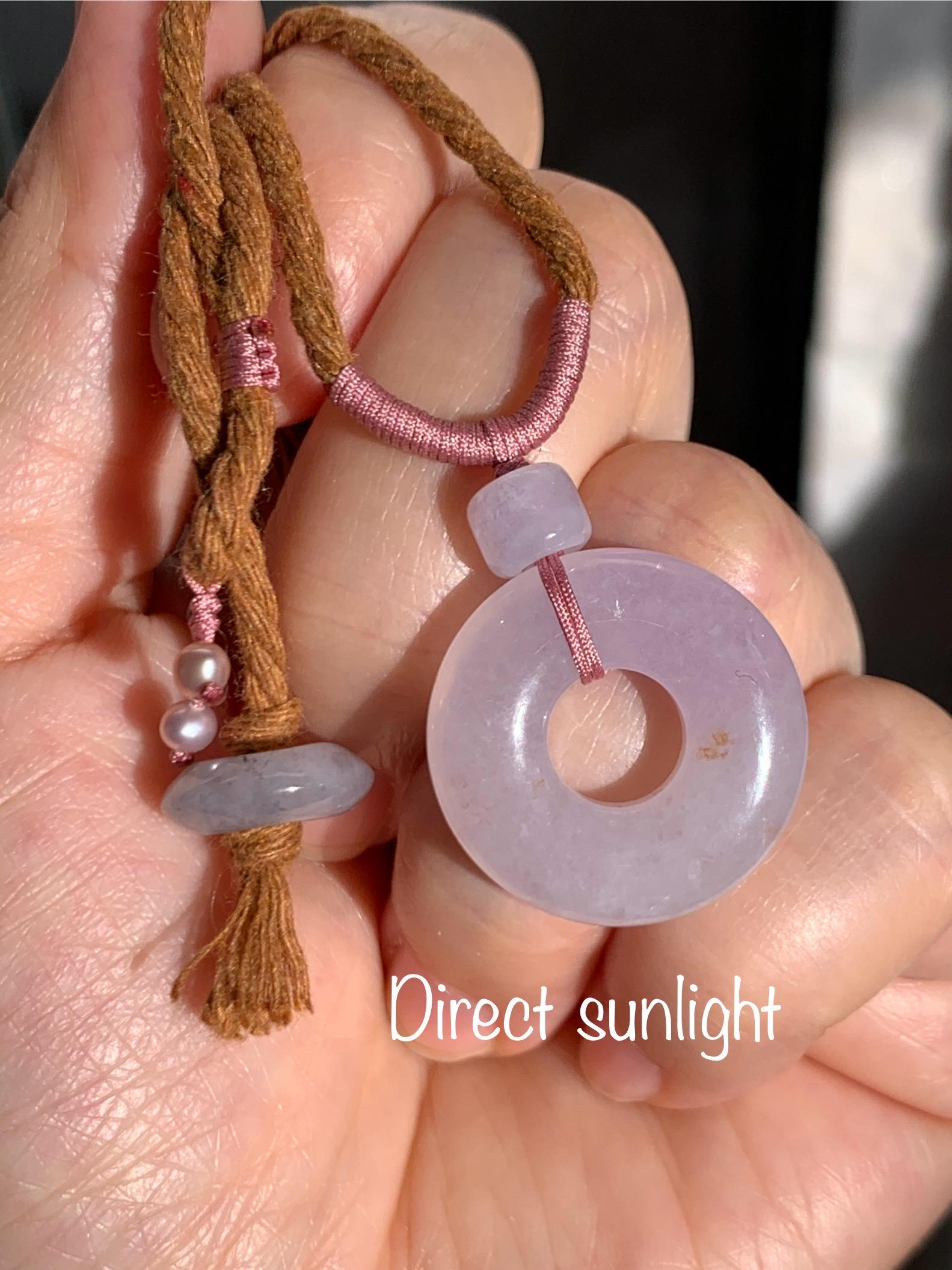 Natural Grade A Icy Translucent Jade Jadeite Ping An Kou Donut Pastel Blush Undertone Pendant Rope Necklace 18.5” 8g 天然冰粉底翡翠平安扣吊坠项链 FKM380