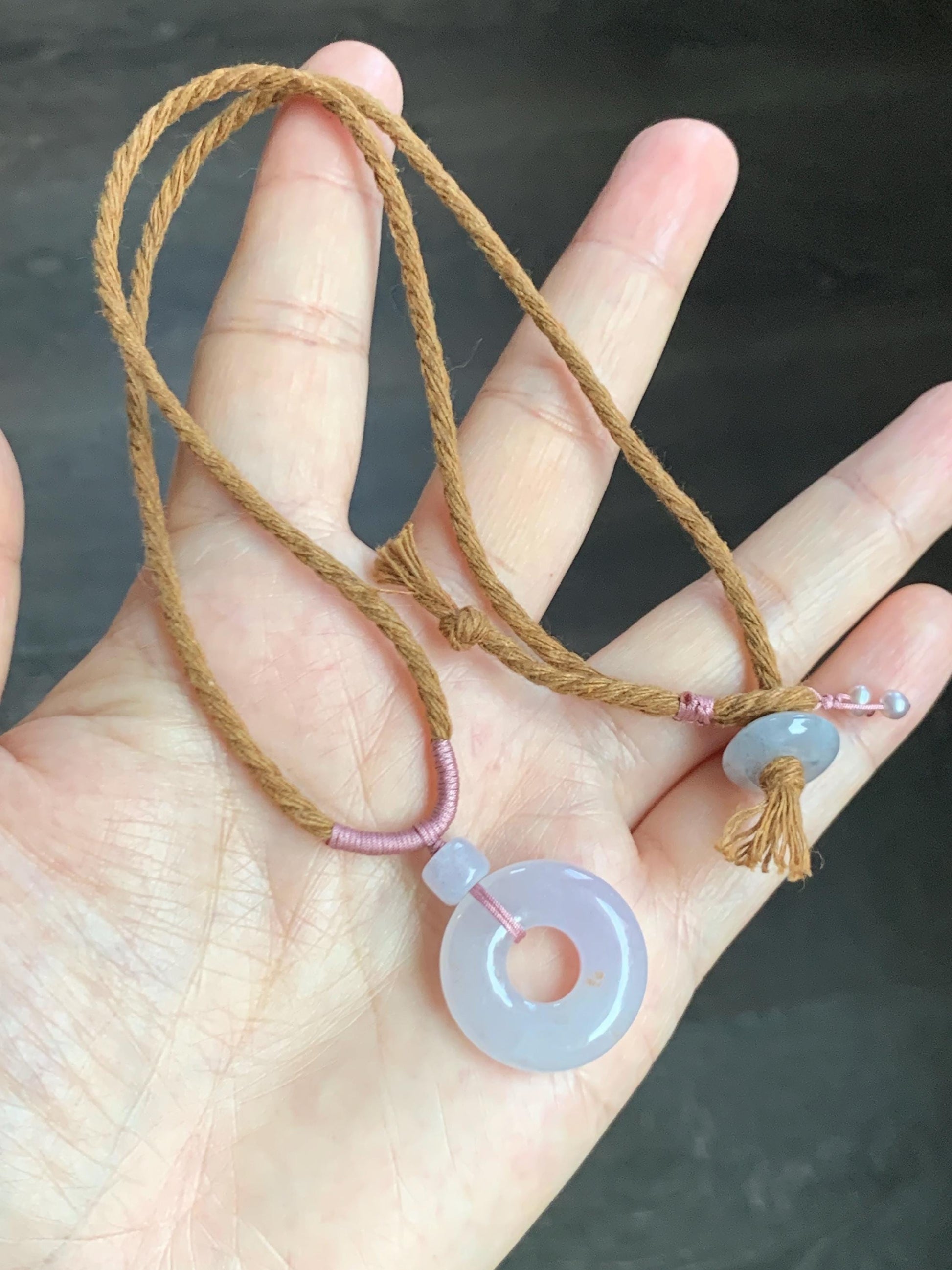 Natural Grade A Icy Translucent Jade Jadeite Ping An Kou Donut Pastel Blush Undertone Pendant Rope Necklace 18.5” 8g 天然冰粉底翡翠平安扣吊坠项链 FKM380