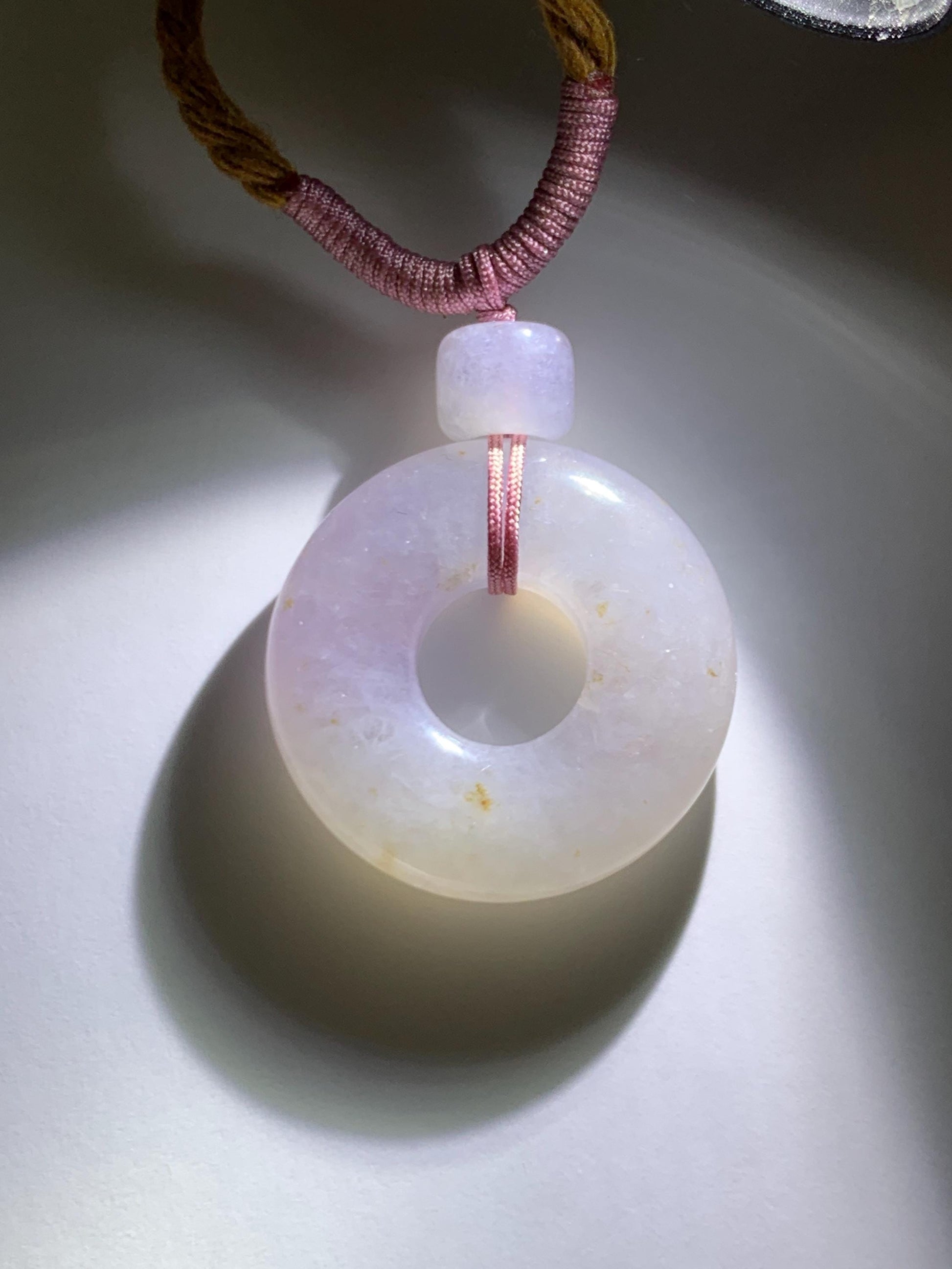 Natural Grade A Icy Translucent Jade Jadeite Ping An Kou Donut Pastel Blush Undertone Pendant Rope Necklace 18.5” 8g 天然冰粉底翡翠平安扣吊坠项链 FKM380