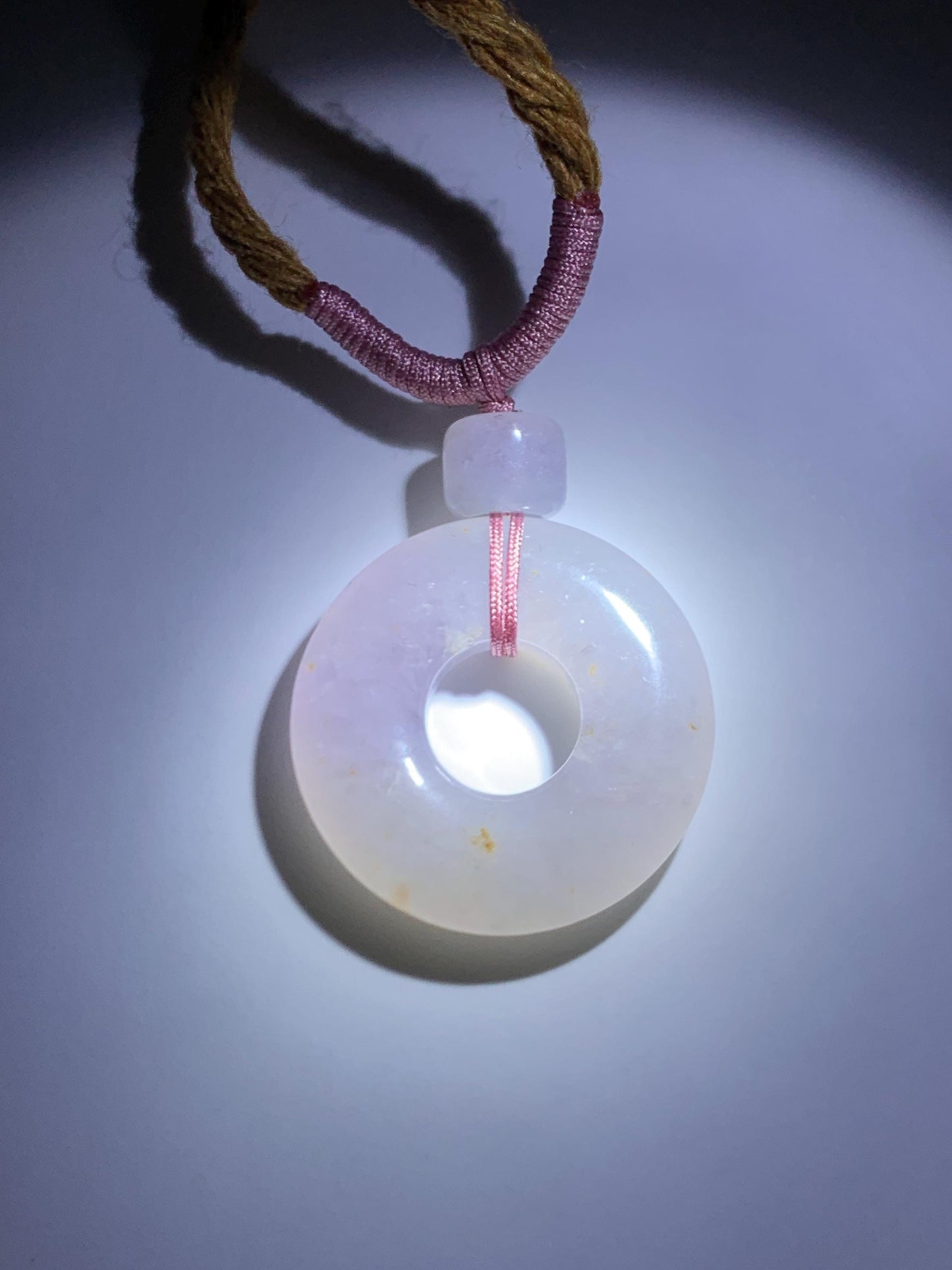 Natural Grade A Icy Translucent Jade Jadeite Ping An Kou Donut Pastel Blush Undertone Pendant Rope Necklace 18.5” 8g 天然冰粉底翡翠平安扣吊坠项链 FKM380